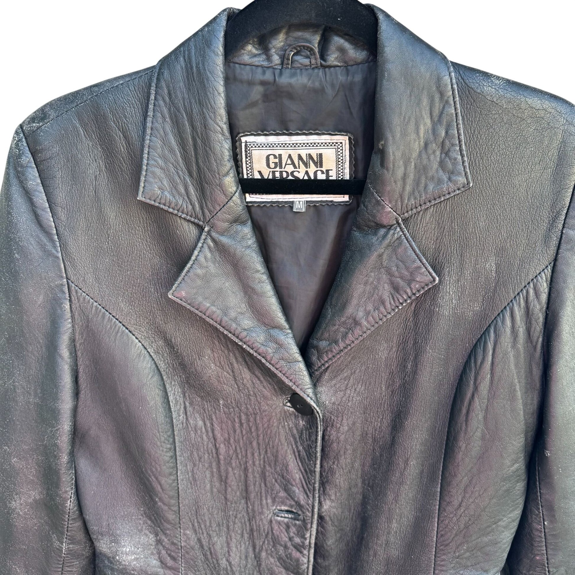 Gianni Versace Vintage Womens Distressed Leather Blazer Jacket Streetwear FLAWS