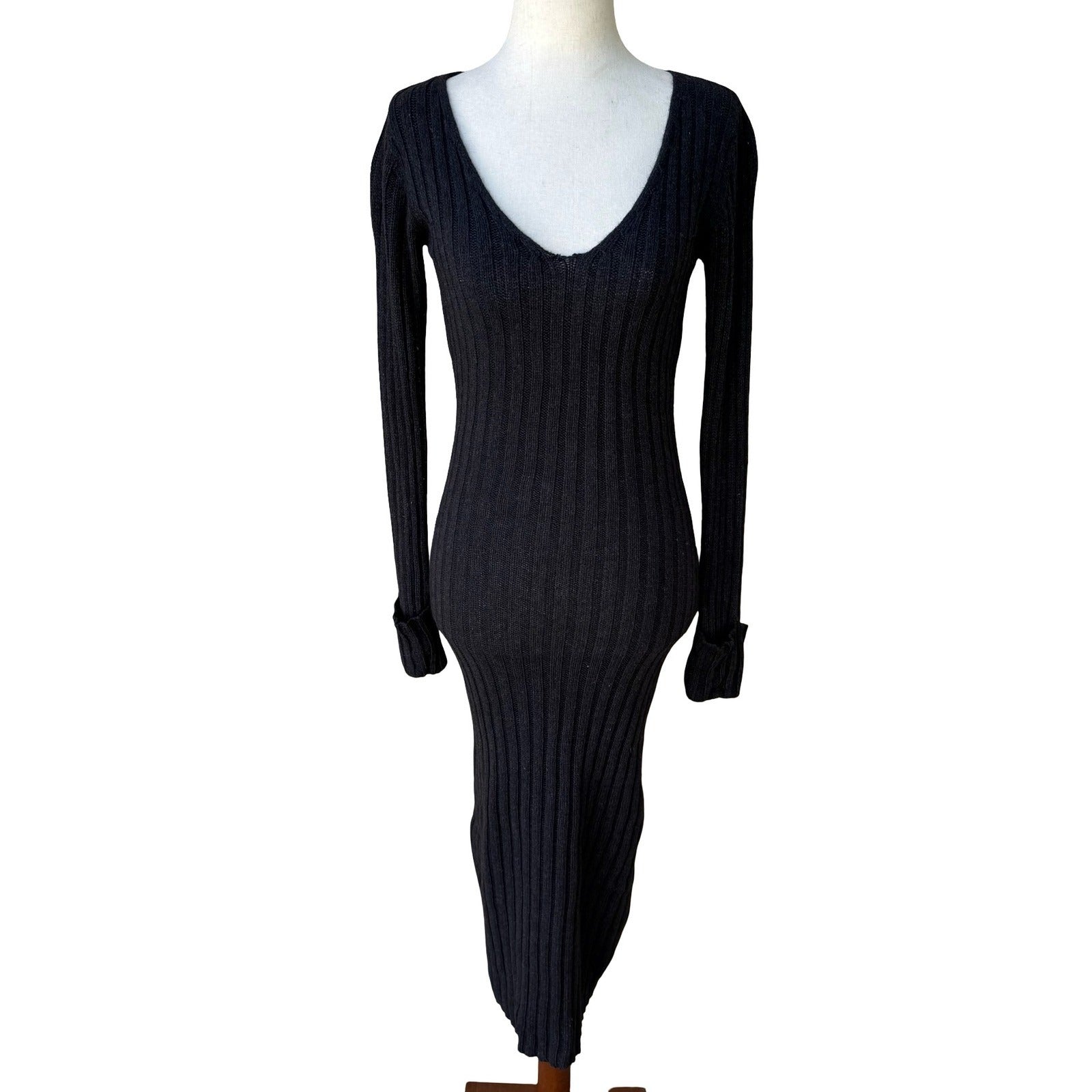 BCBG Max Azria Y2K Silk Lambswool Ribbed Knit Bodycon Chic Sweater Dress Black M