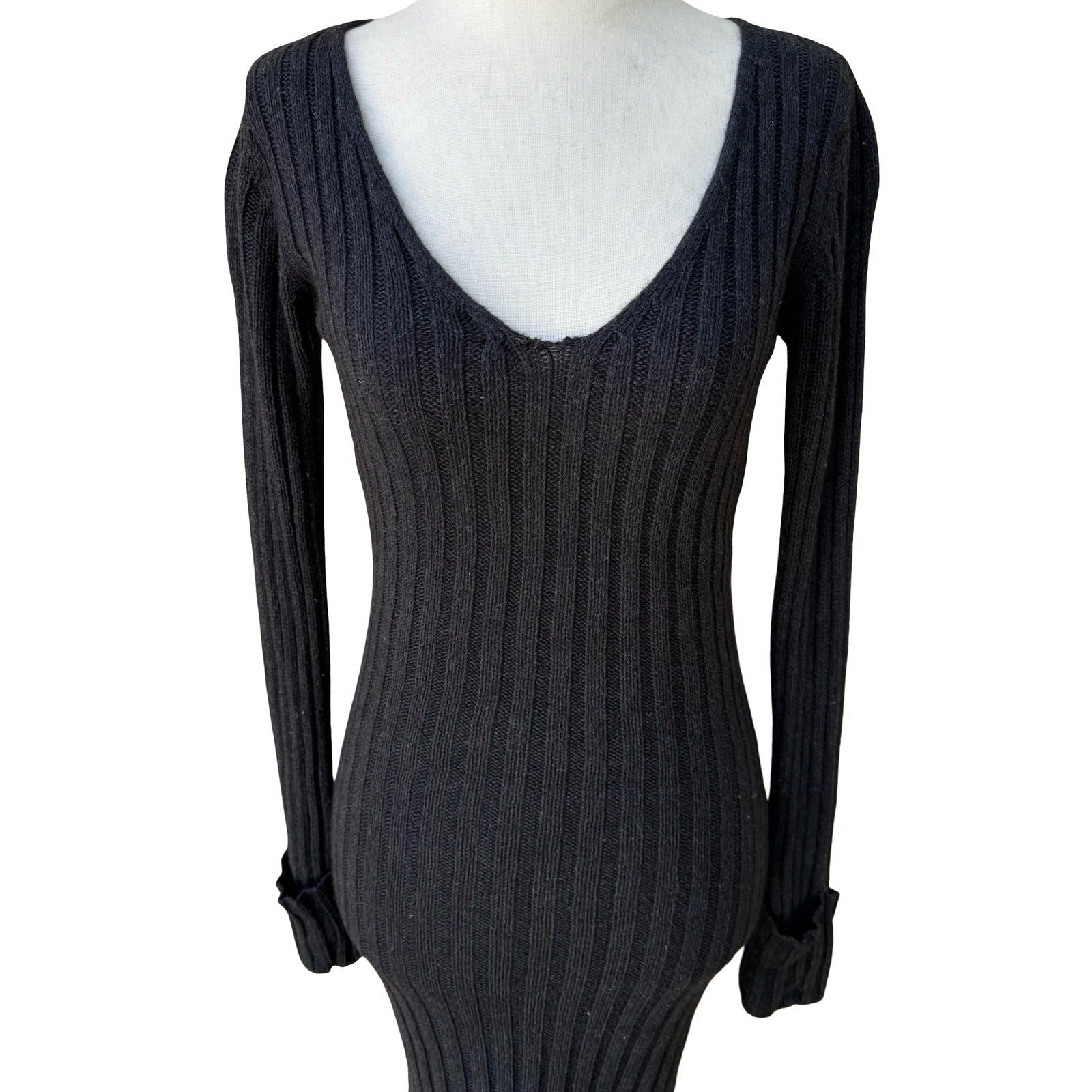 BCBG Max Azria Y2K Silk Lambswool Ribbed Knit Bodycon Chic Sweater Dress Black M