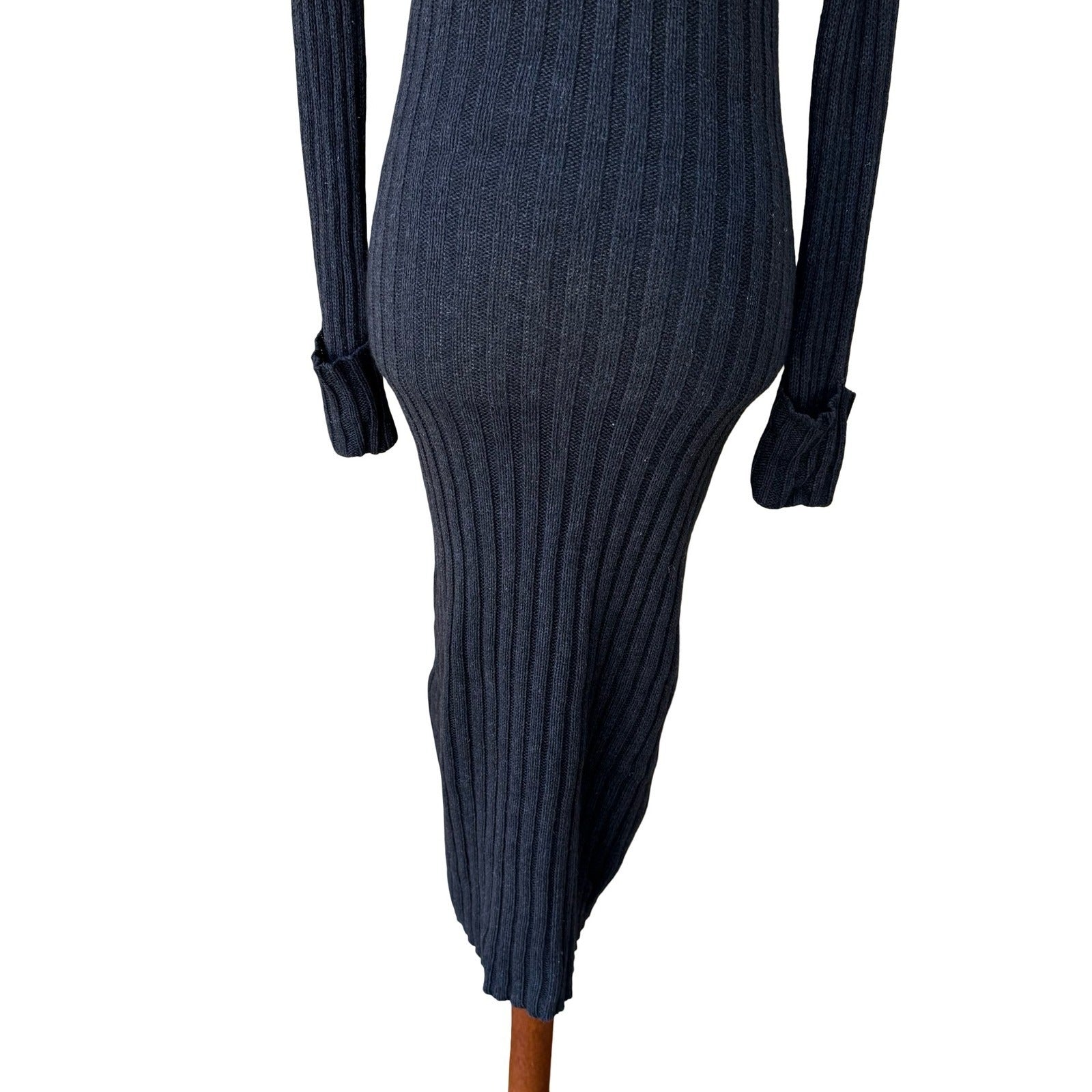 BCBG Max Azria Y2K Silk Lambswool Ribbed Knit Bodycon Chic Sweater Dress Black M