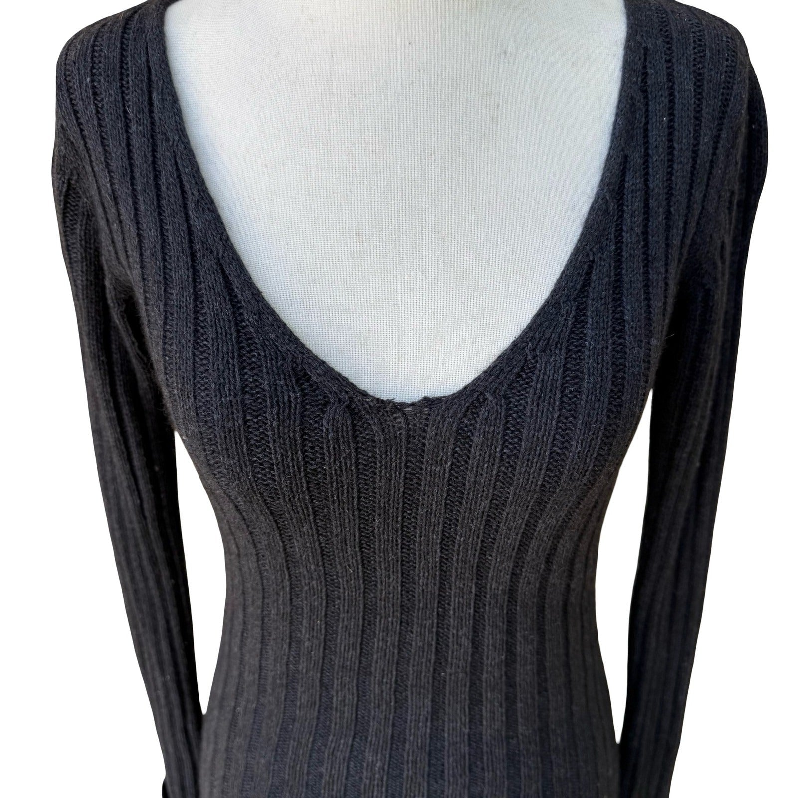 BCBG Max Azria Y2K Silk Lambswool Ribbed Knit Bodycon Chic Sweater Dress Black M