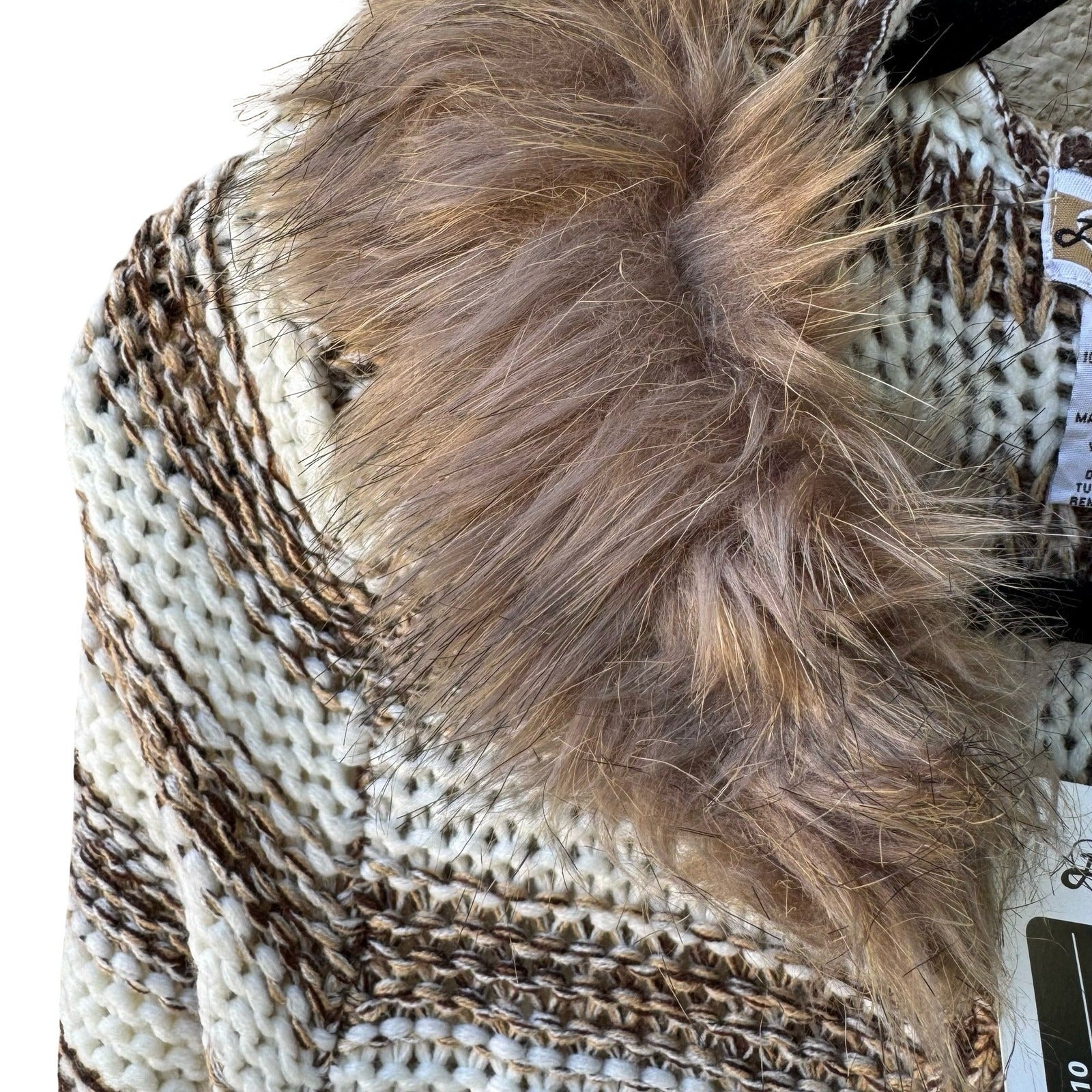 Ashley Boho Nordic Layering Hygge Striped Faux Fur Hooded Duster Cardigan S NEW