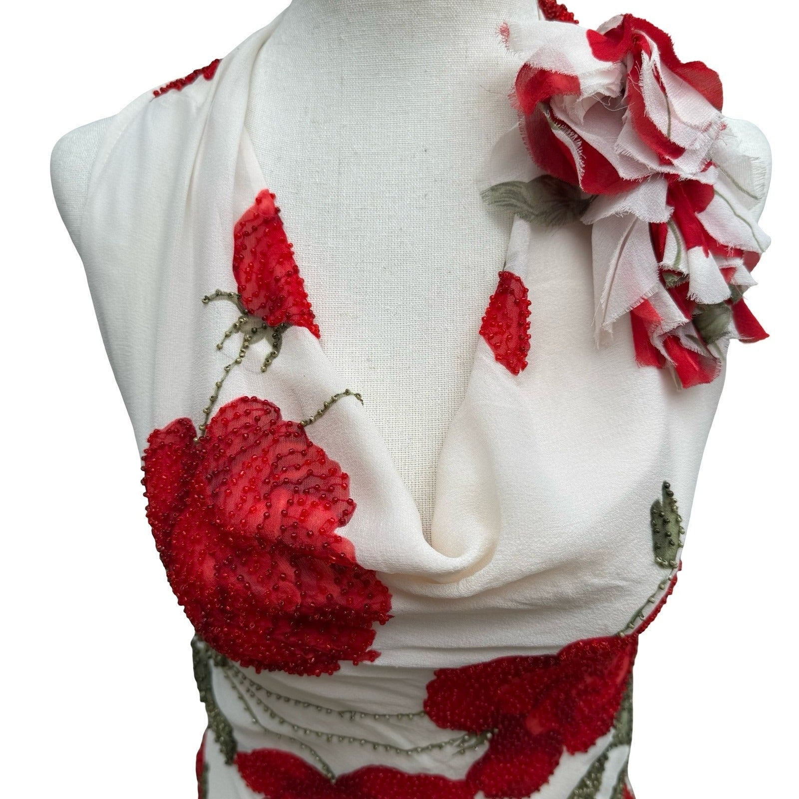 Sheri Bodell Y2K Silk Halter Top Romantic Coquette Beaded Floral Cowl Neck Tie