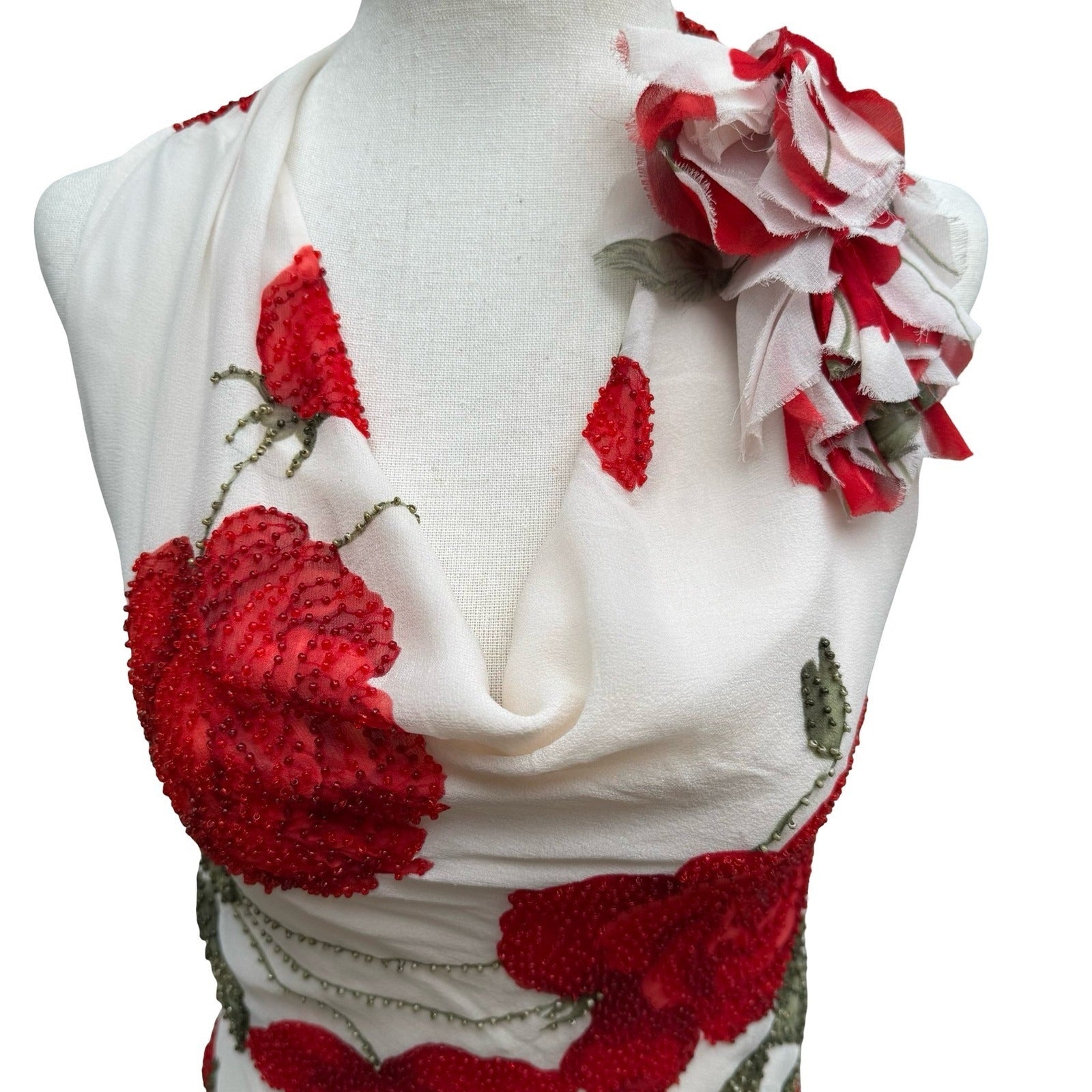 Sheri Bodell Y2K Silk Halter Top Romantic Coquette Beaded Floral Cowl Neck Tie