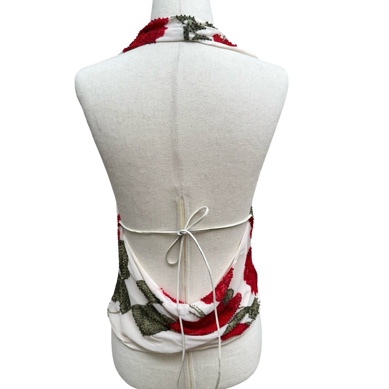 Sheri Bodell Y2K Silk Halter Top Romantic Coquette Beaded Floral Cowl Neck Tie