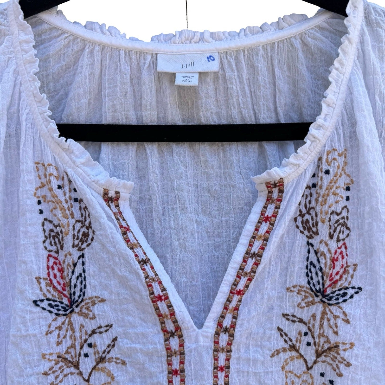 J. Jill White Floral Embroidered Cotton Gauze Split Neck Top XL Peasant Cottage