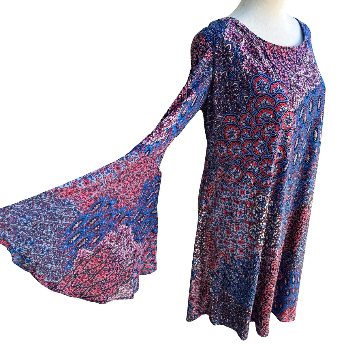RN Studio Ronni Nicole Boho Witchy Festival Paisley Bell Sleeve Shift Dress L