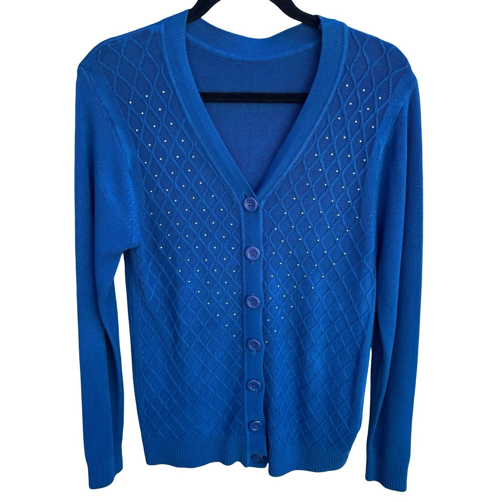 Vintage Blue Diamond Pointelle Rhinestone V-Neck Old Money Knit Cardigan Sweater