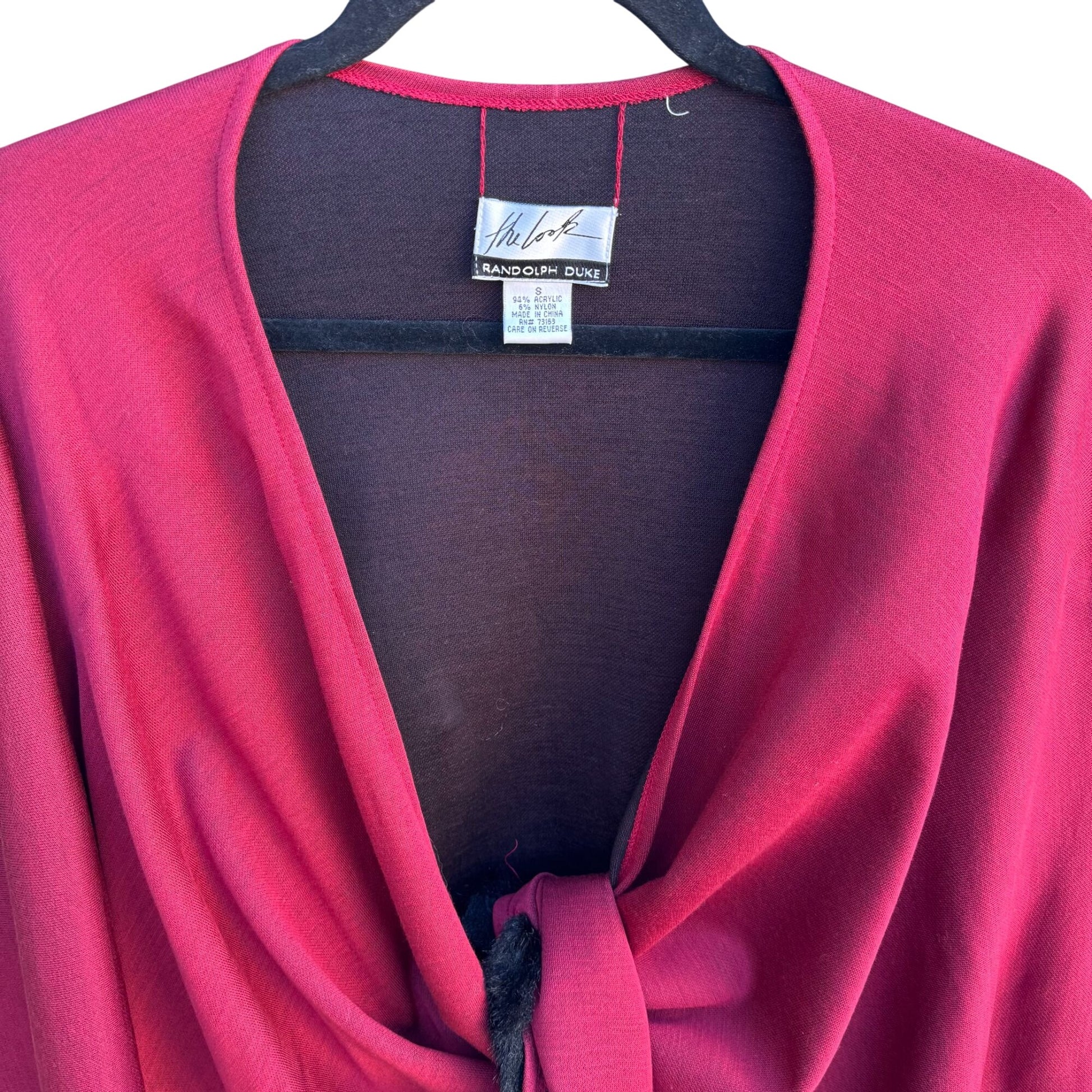 Randolph Duke The Look Red Tie-Front Cardigan Wrap Glam Black Faux Fur Trim OS