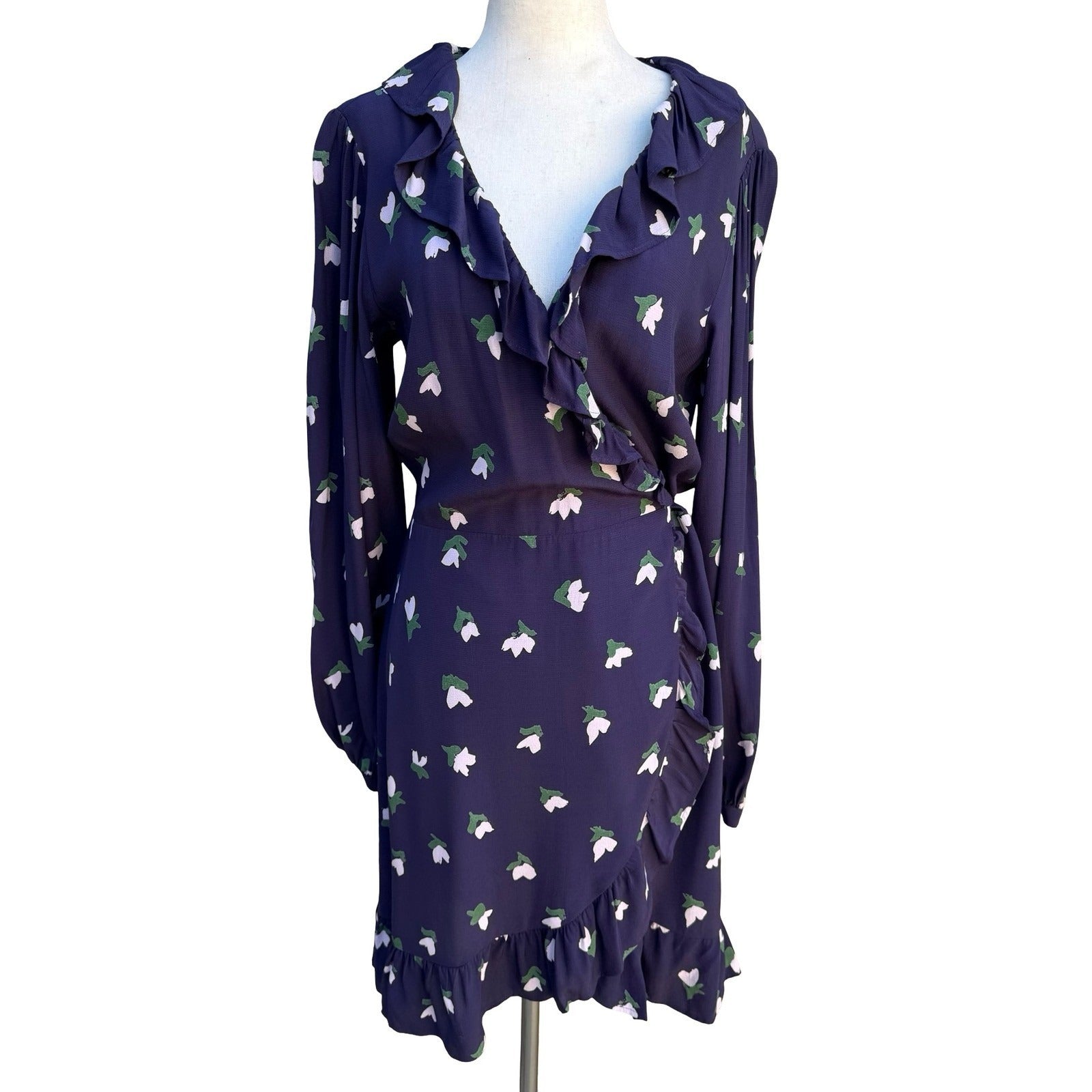 HM Navy Blue Floral Tulip Feminine Boho Ruffle Wrap Dress Long Sleeve Size 8 NEW