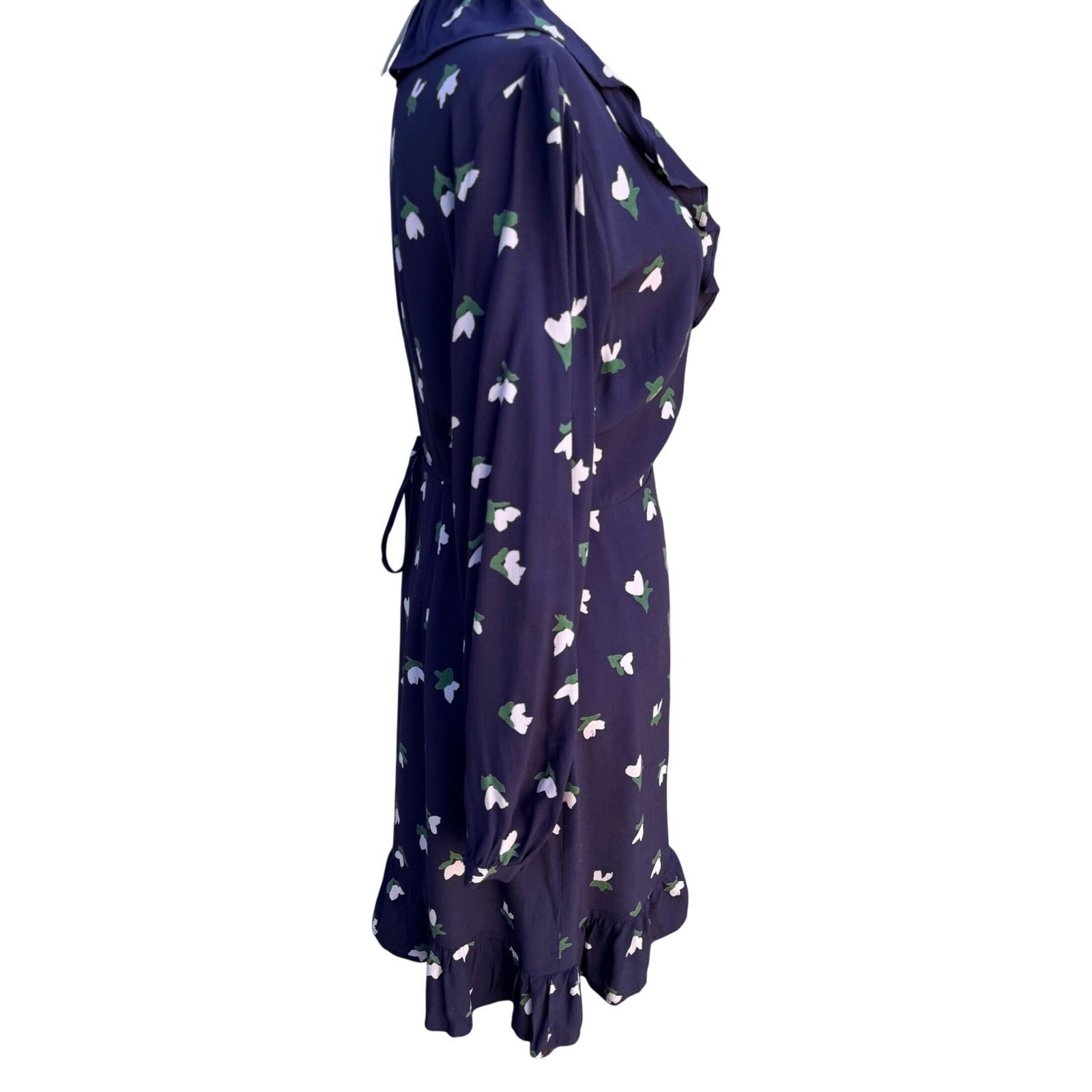 HM Navy Blue Floral Tulip Feminine Boho Ruffle Wrap Dress Long Sleeve Size 8 NEW