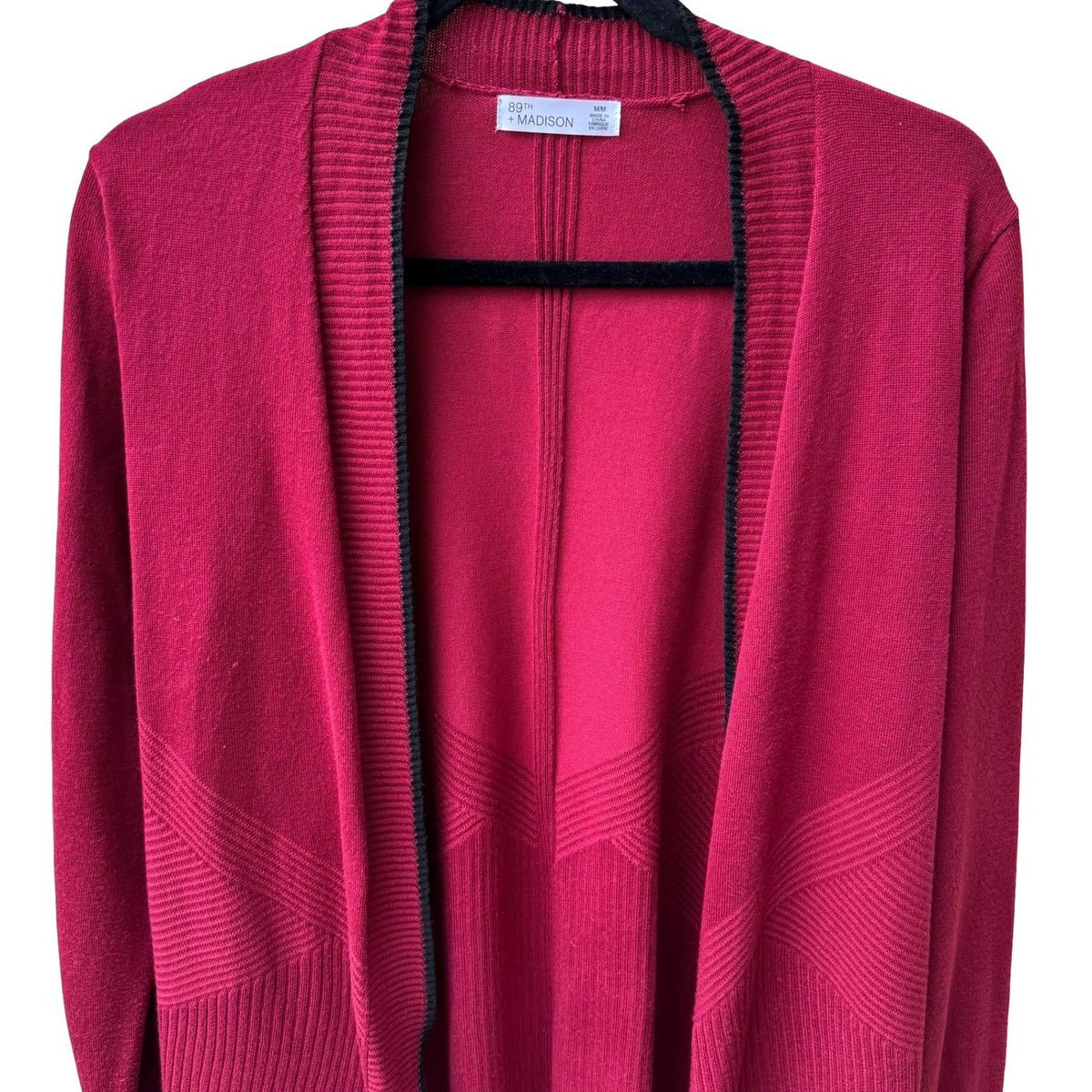 89th + Madison Dark Academia Minimalist Ribbed Open Front Cardigan Burgundy M