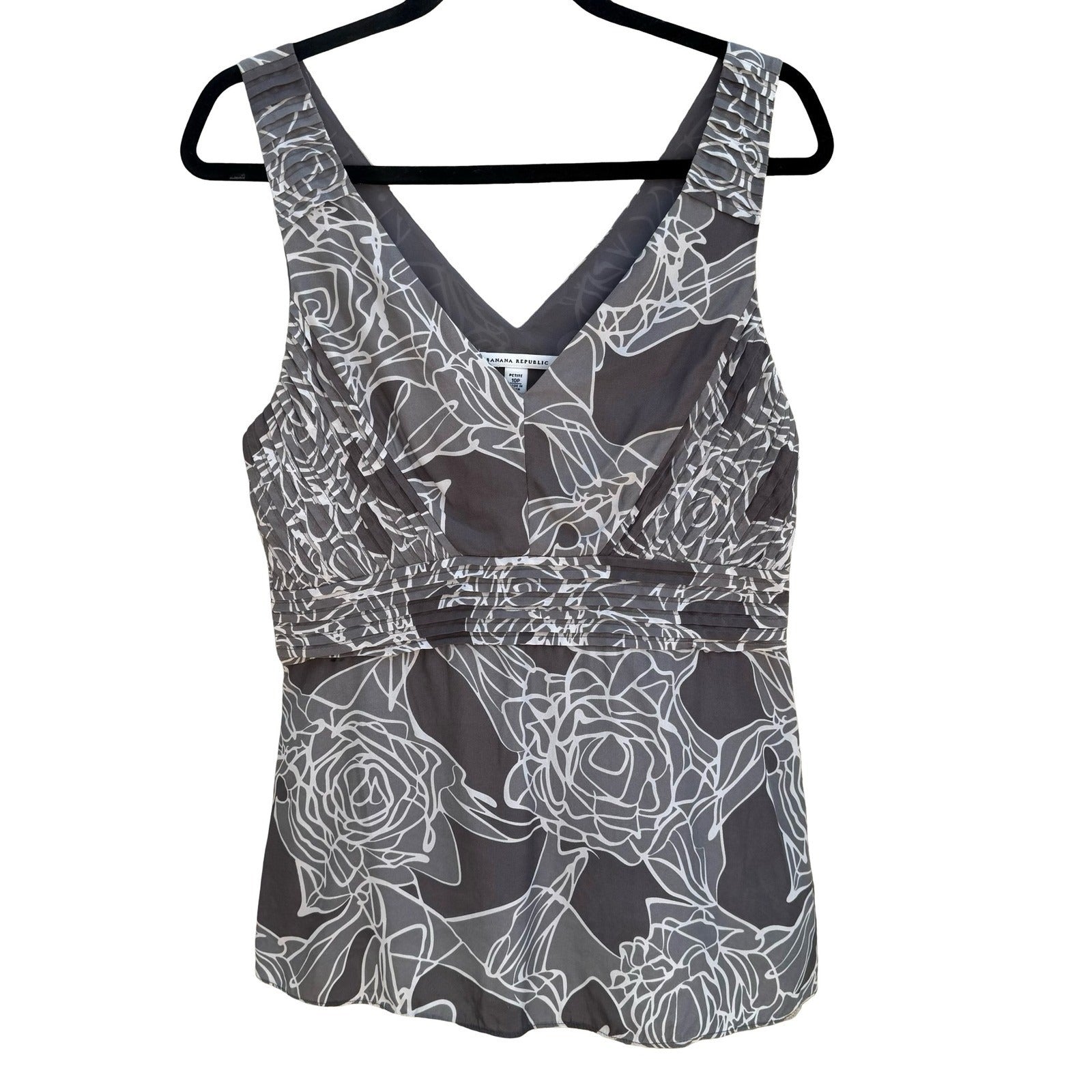 Banana Republic Gray Floral Silk V-Neck Empire Waist Blouse 10P Romantic Luxury