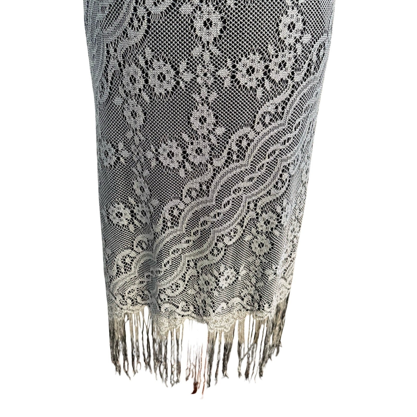 BFA Vintage 90s Flapper Great Gatsby Art Silver Floral Lace Fringe Midi Dress 10