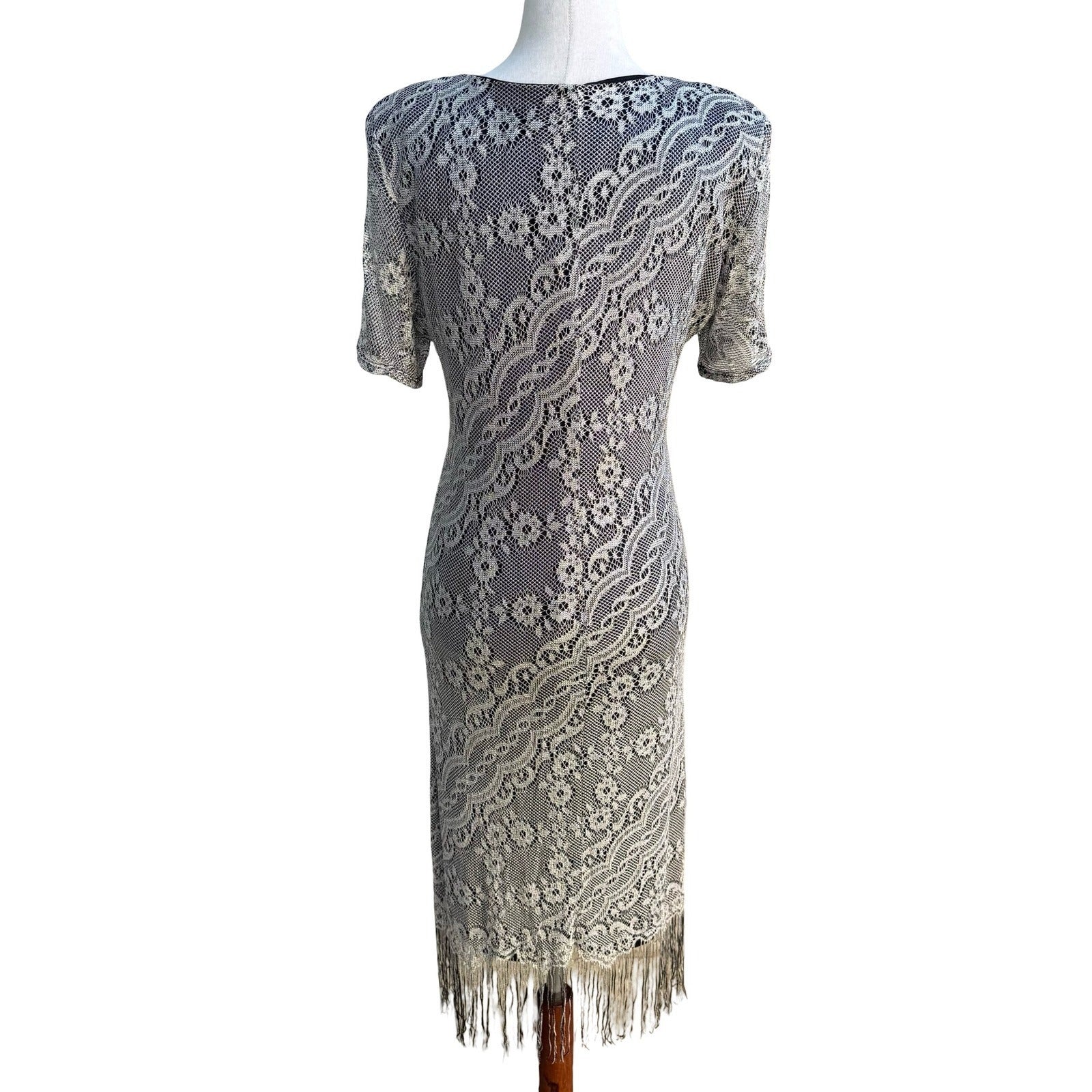 BFA Vintage 90s Flapper Great Gatsby Art Silver Floral Lace Fringe Midi Dress 10
