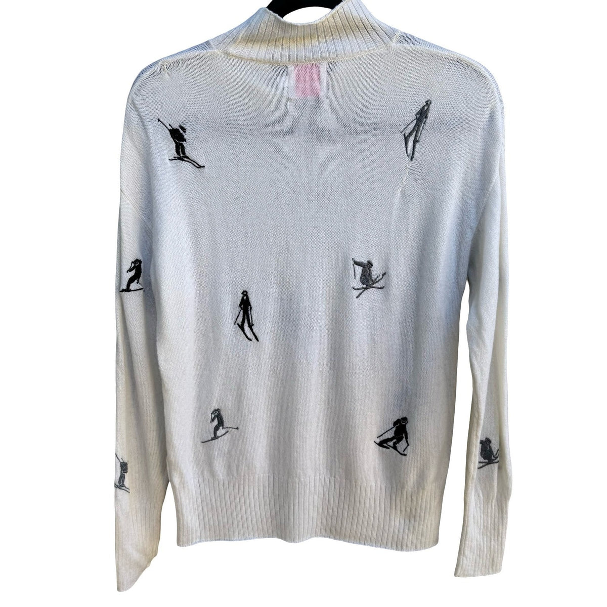 Brodie Cashmere Skier Luxury Whimsical Embroidered Mock Neck Novelty Sweater M