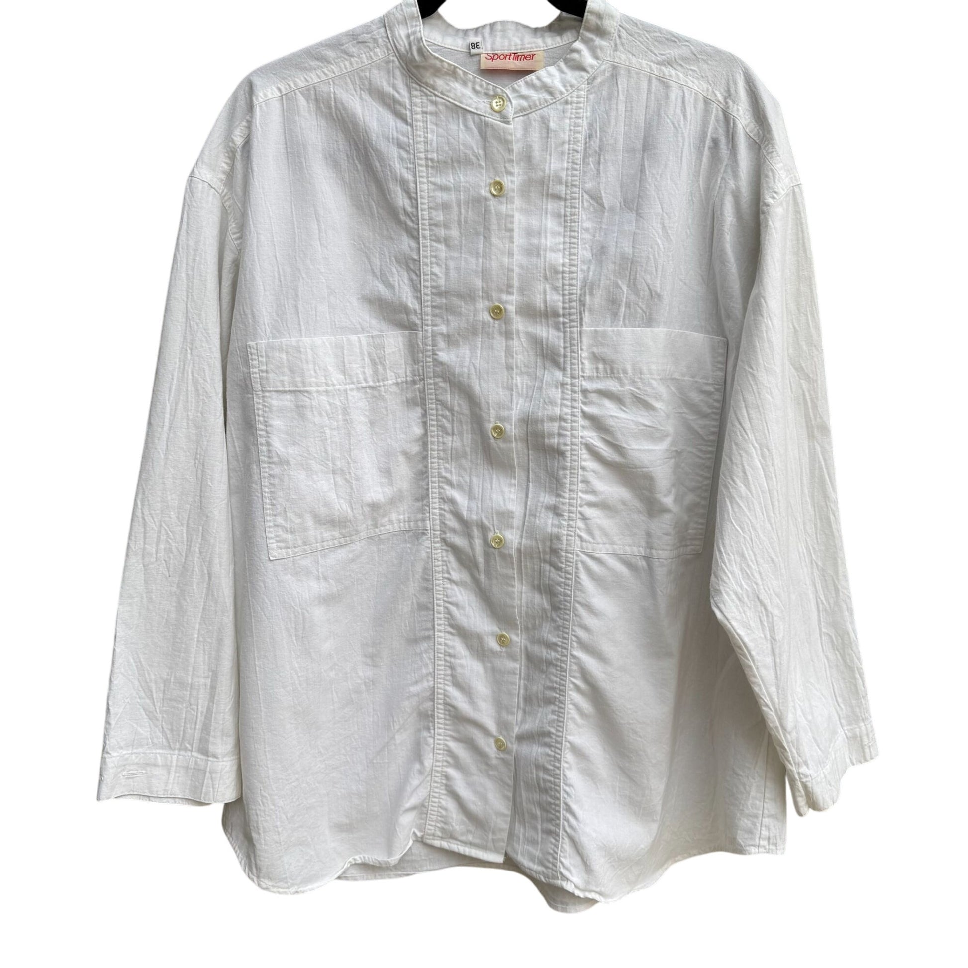 SportTimer Vintage Womens Band Collar Long Sleeve Linen Style Button-Up Shirt XL