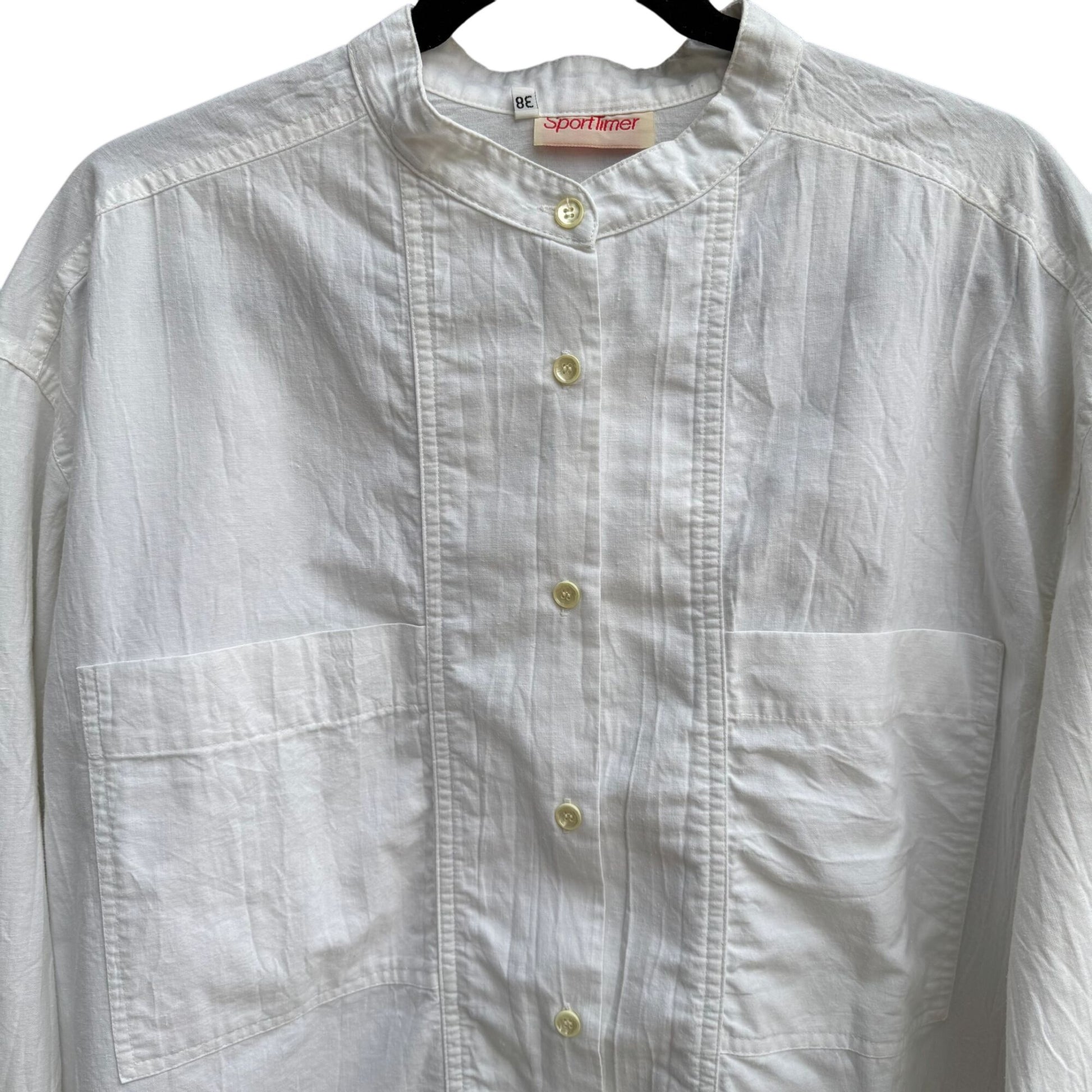 SportTimer Vintage Womens Band Collar Long Sleeve Linen Style Button-Up Shirt XL