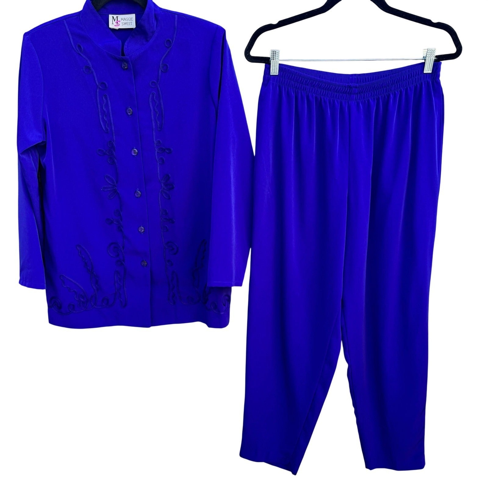 Maggie Sweet Vintage Womens Royal Blue Soutache Embroidered Tunic Pants Set 2P
