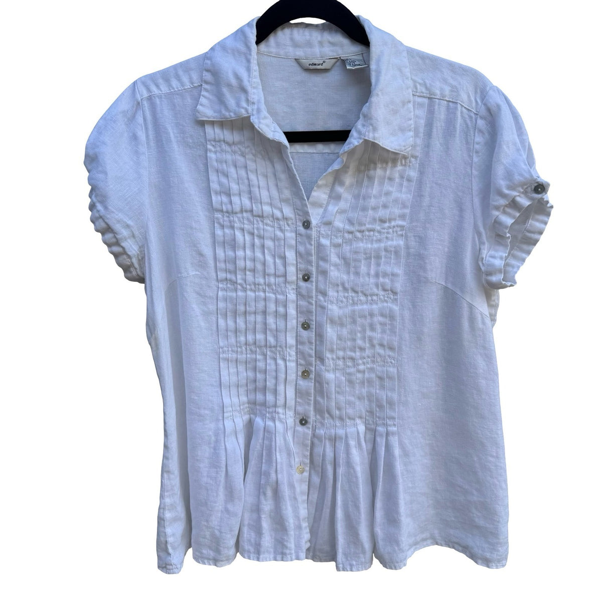 Edward Coastal Minimalist Pintuck Pleated Linen Button Up Shirt White Womens L