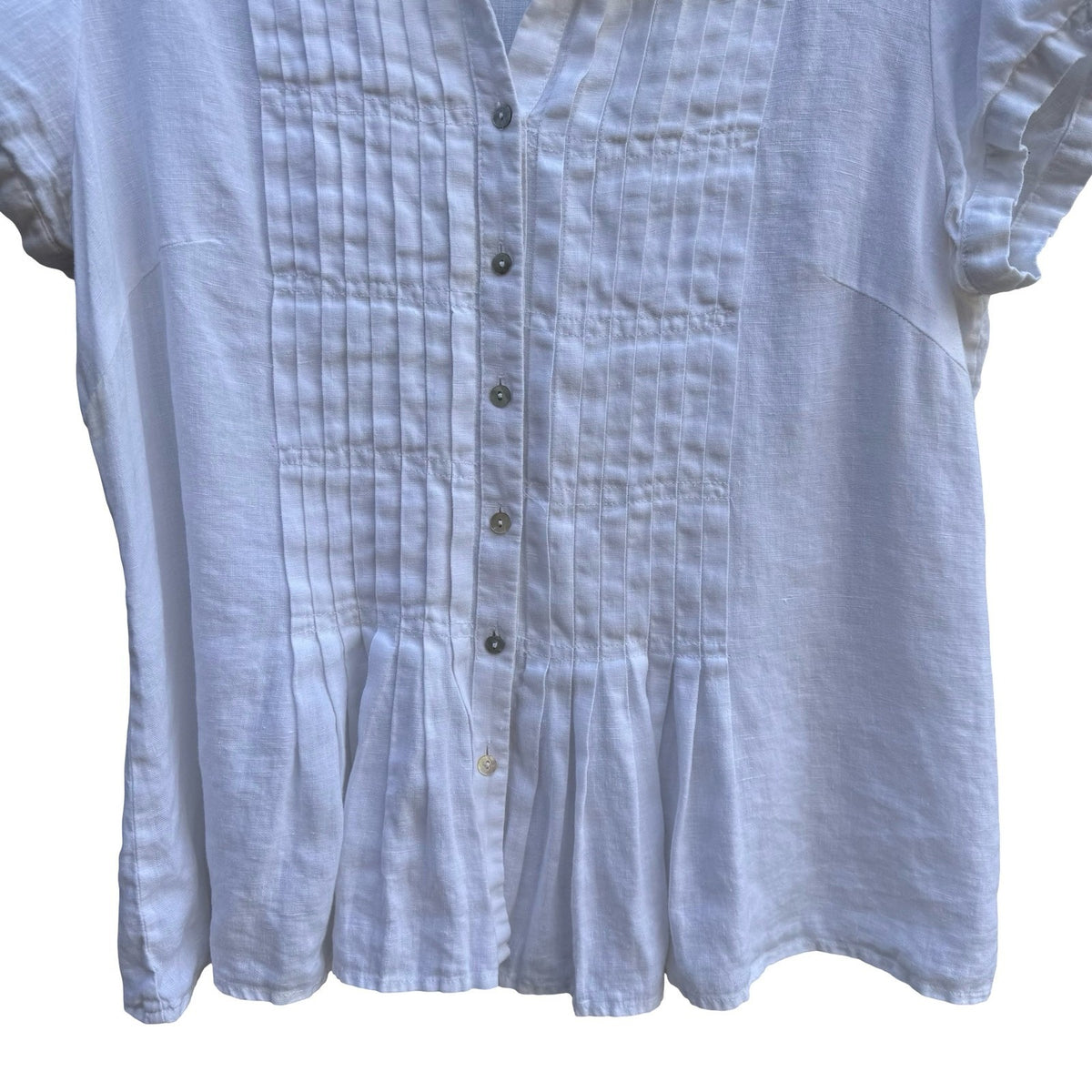 Edward Coastal Minimalist Pintuck Pleated Linen Button Up Shirt White Womens L
