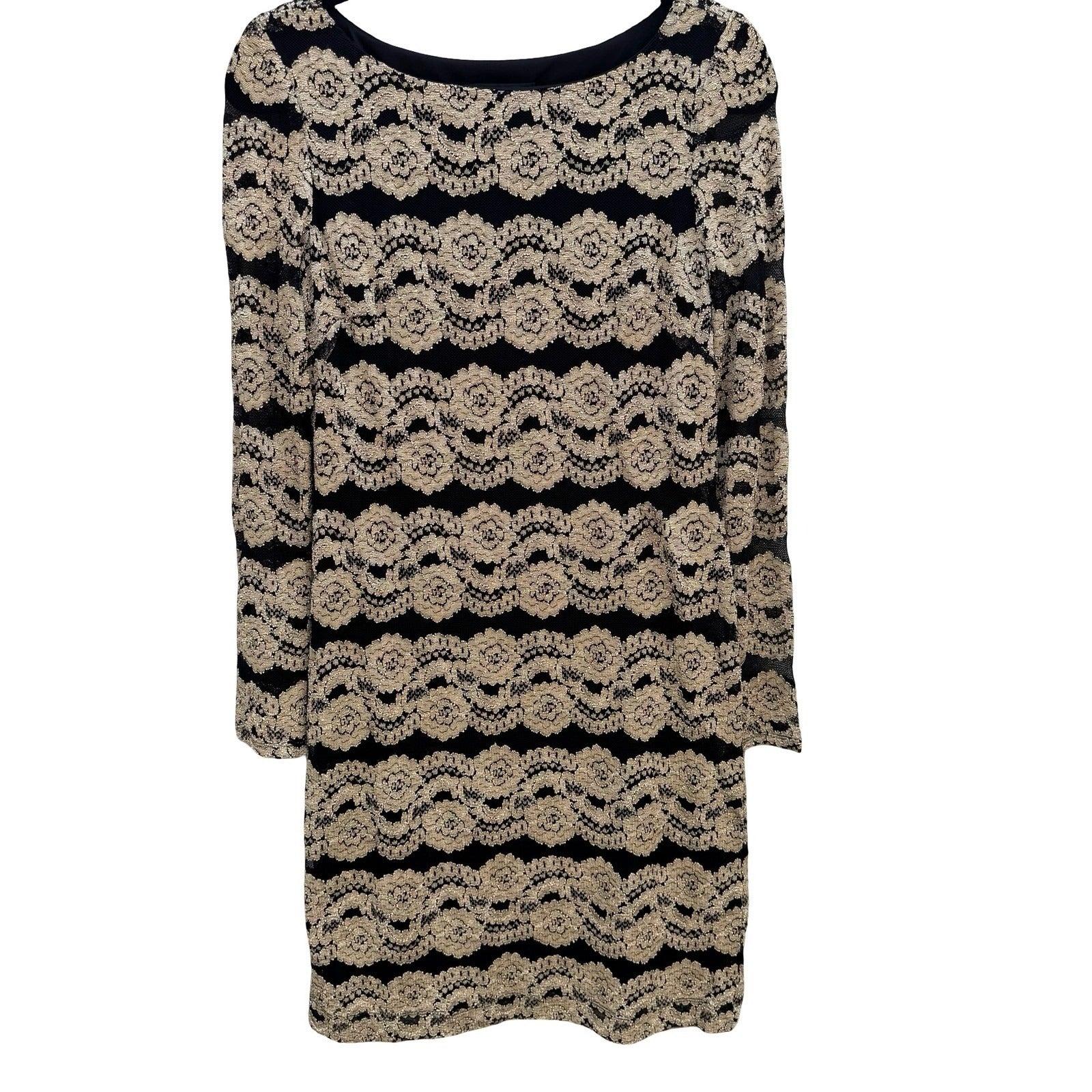 Jessica Howard Evenings Vintage Black Gold Metallic Lace Sheath Dress Womens 6
