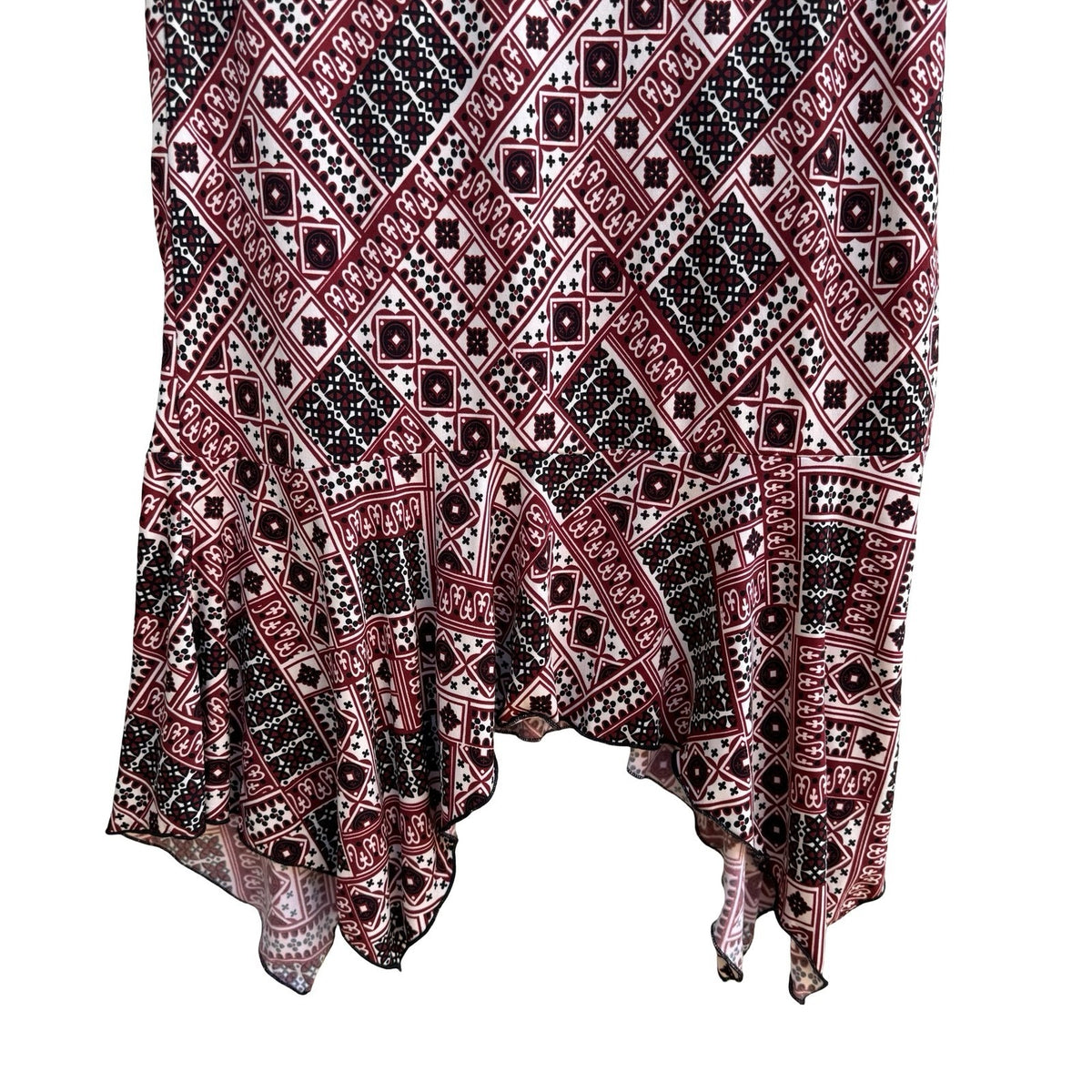 Vol. 1 Y2K Boho Indie Geometric Handkerchief Hem Festival Skirt Burgundy Black S