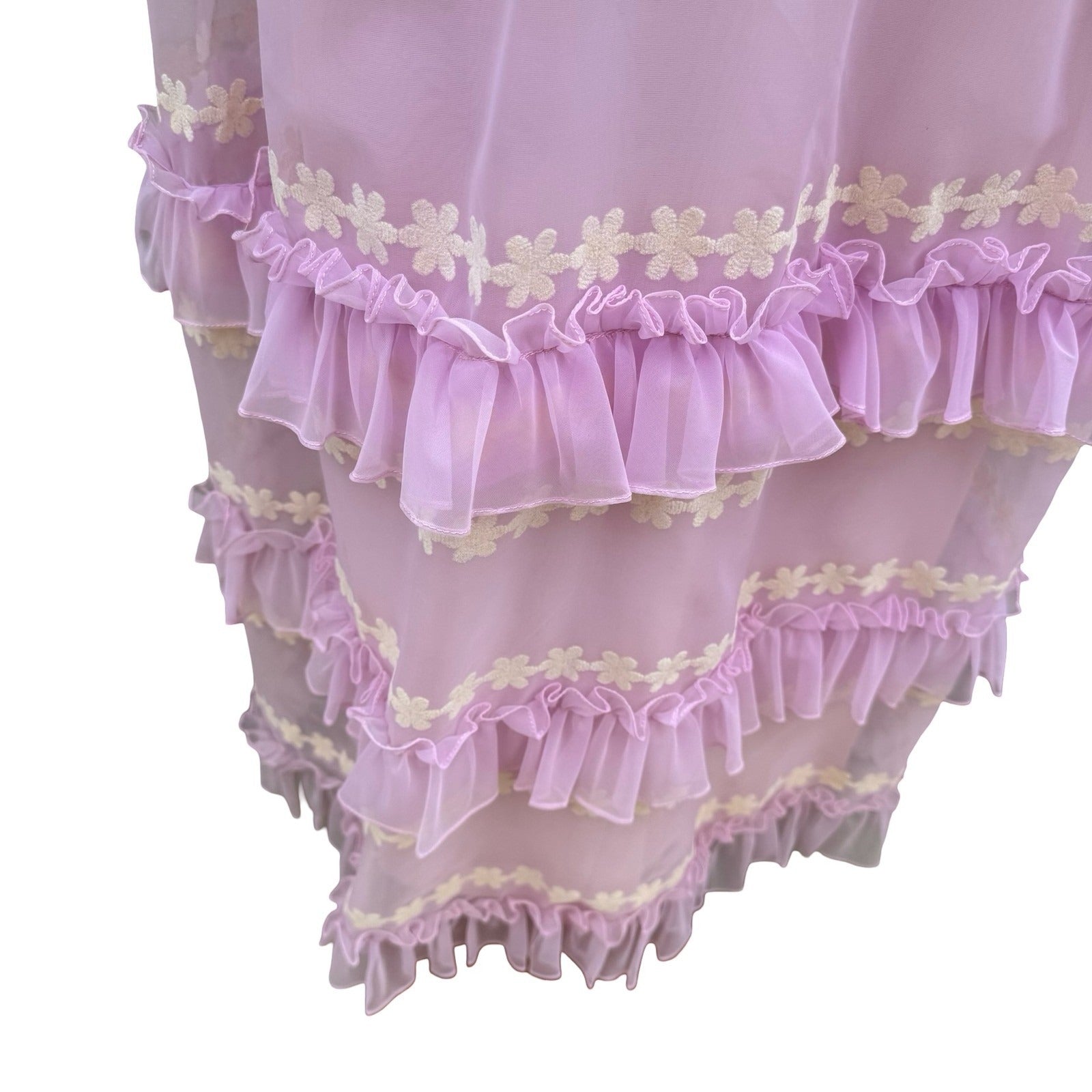 Emma Domb Vintage 70s Pink Chiffon Floral Embroidered Ruffle Halter Maxi Dress