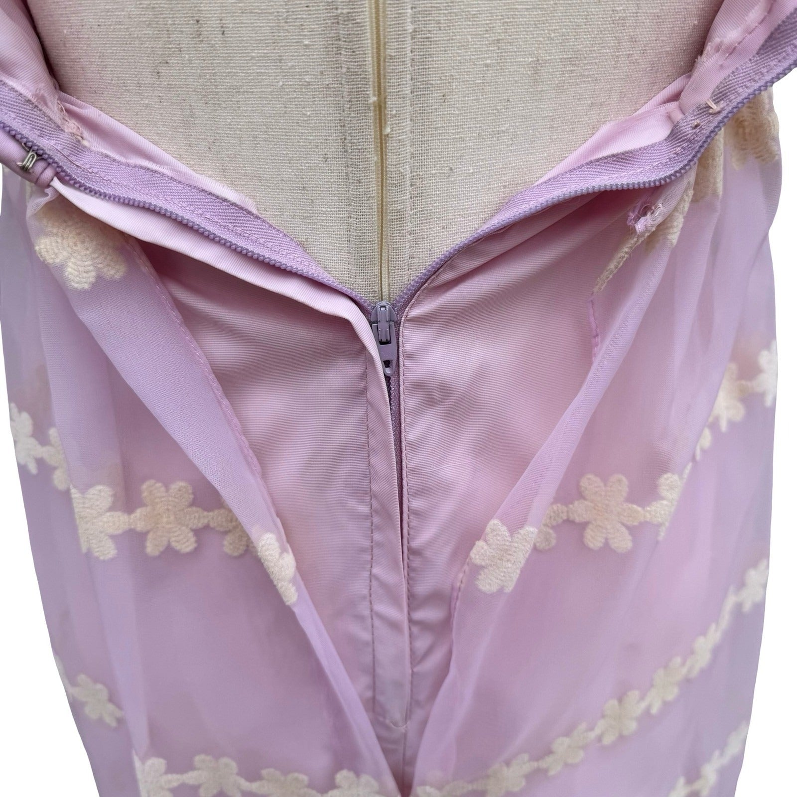 Emma Domb Vintage 70s Pink Chiffon Floral Embroidered Ruffle Halter Maxi Dress