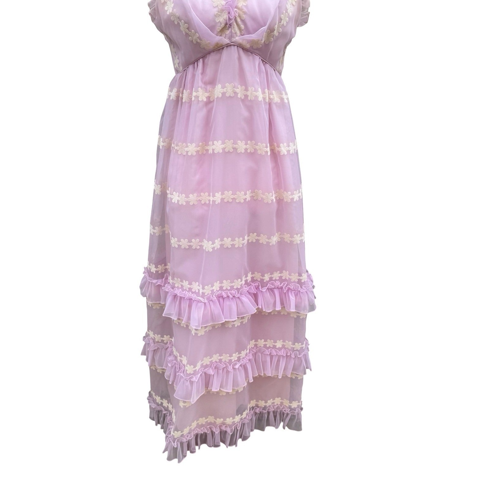 Emma Domb Vintage 70s Pink Chiffon Floral Embroidered Ruffle Halter Maxi Dress