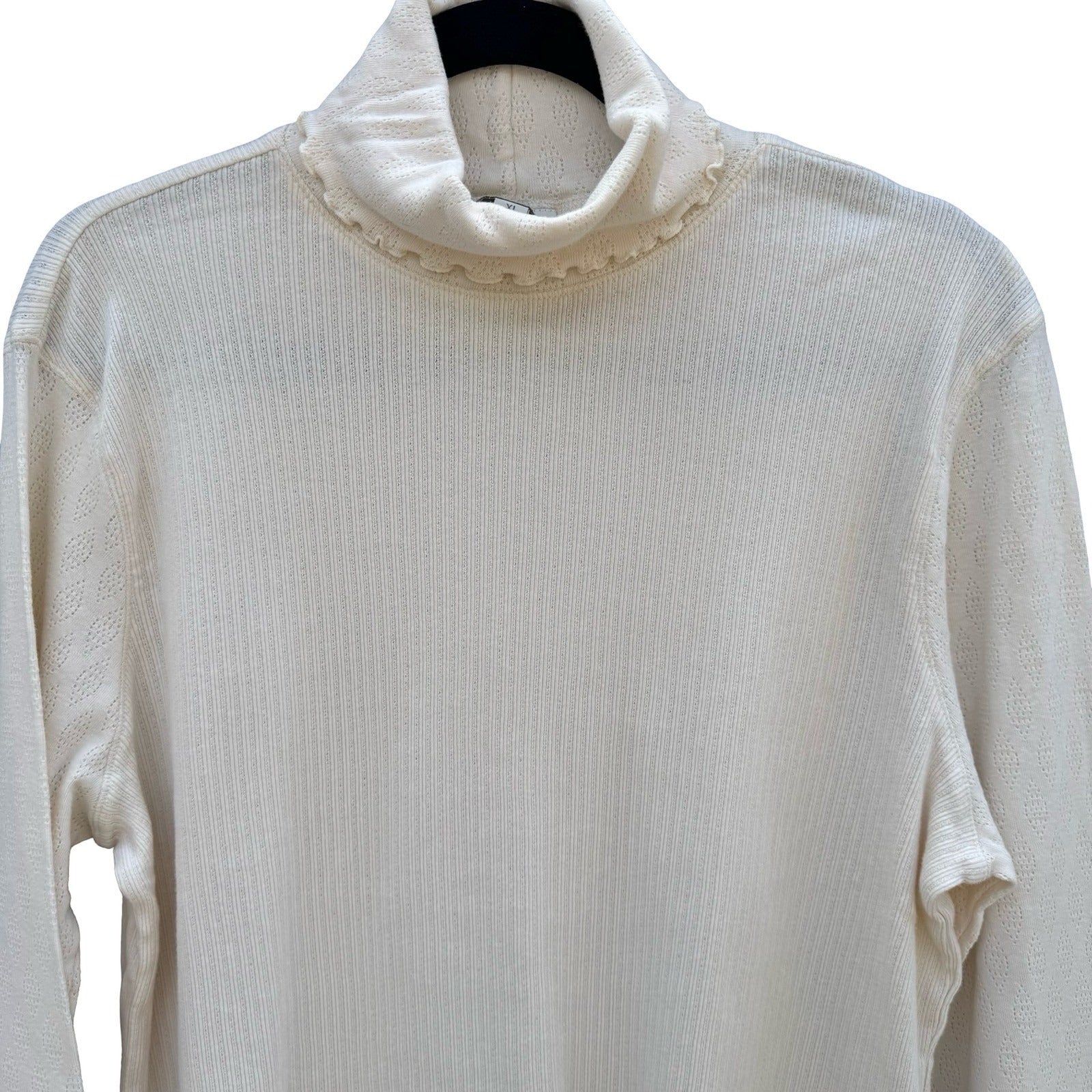 J.Jill Cream Cotton Pointelle Ribbed Turtleneck Lettuce Trim Top XL Womens