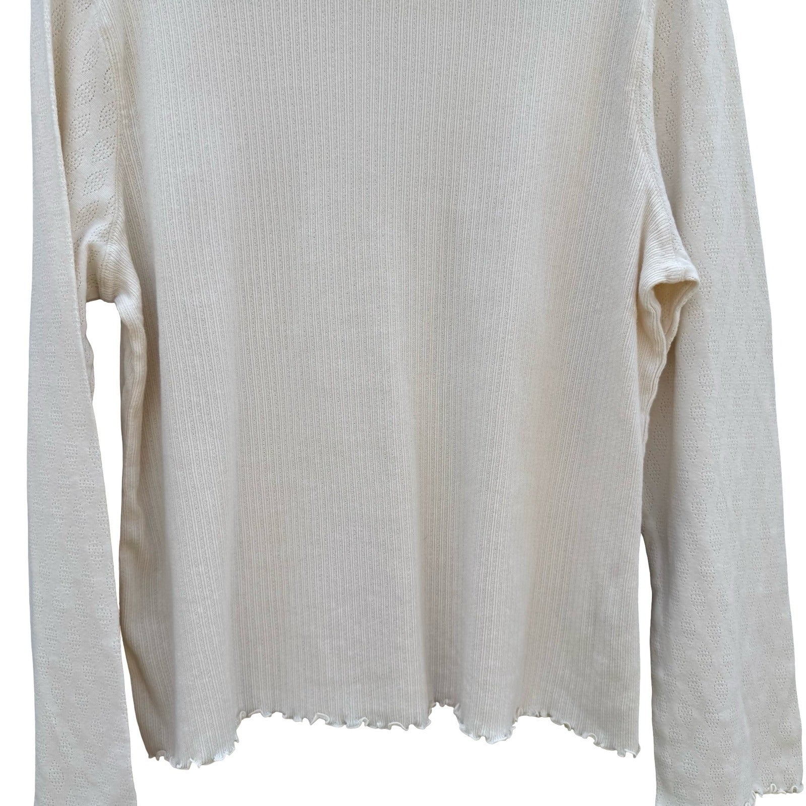 J.Jill Cream Cotton Pointelle Ribbed Turtleneck Lettuce Trim Top XL Womens
