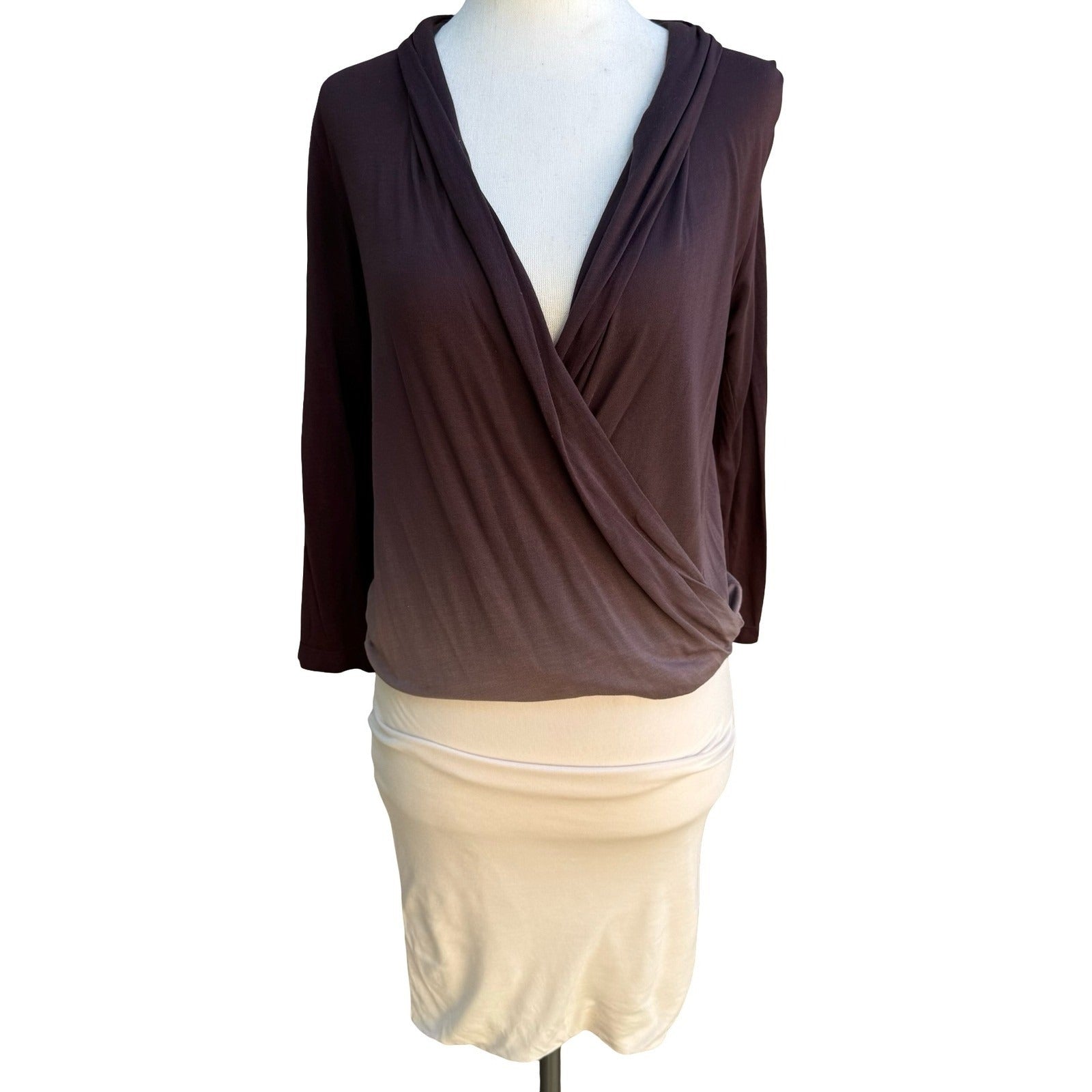 Young Fabulous & Broke Boho Minimalist Ombre Draped Wrap Mini Dress Brown XS
