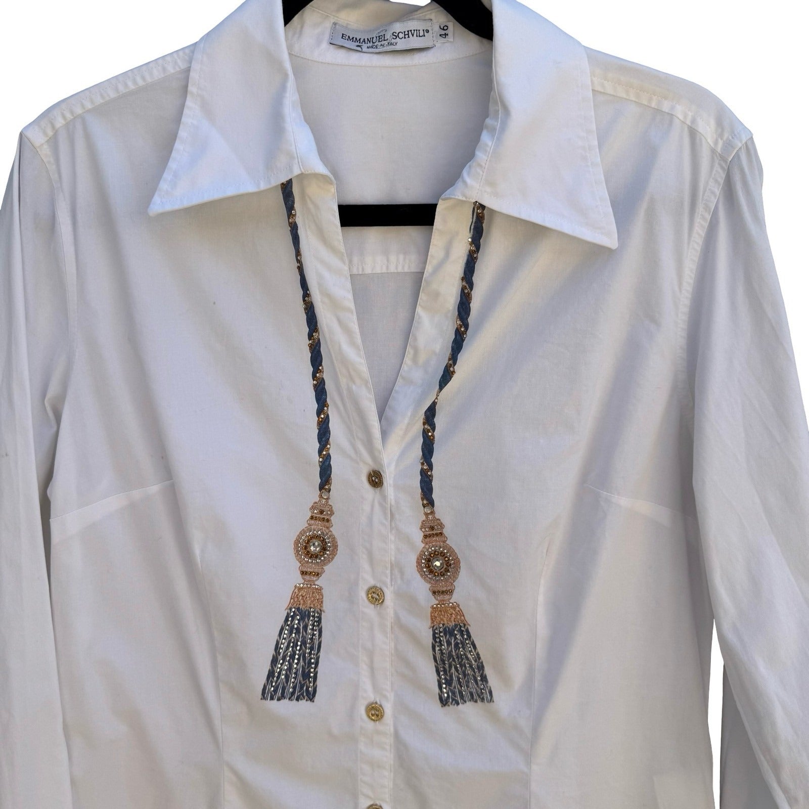 Emmanuel Schvili Trompe L'Oeil Beaded Painted Tassel Italian Luxury Shirt 46/L