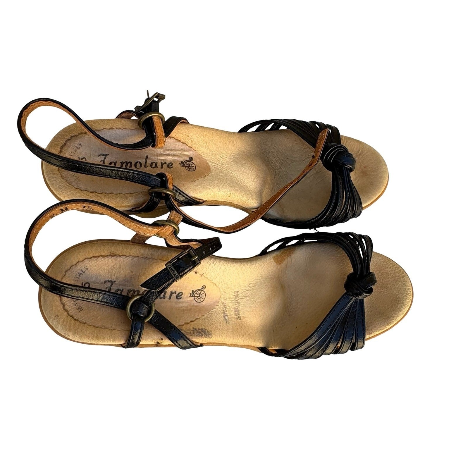 Famolare Yupidu Vintage 70s Black Leather Wavy Wedge Sandal Made in Italy Sze 35
