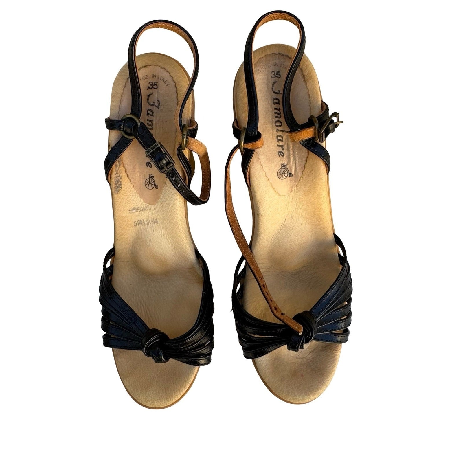 Famolare Yupidu Vintage 70s Black Leather Wavy Wedge Sandal Made in Italy Sze 35