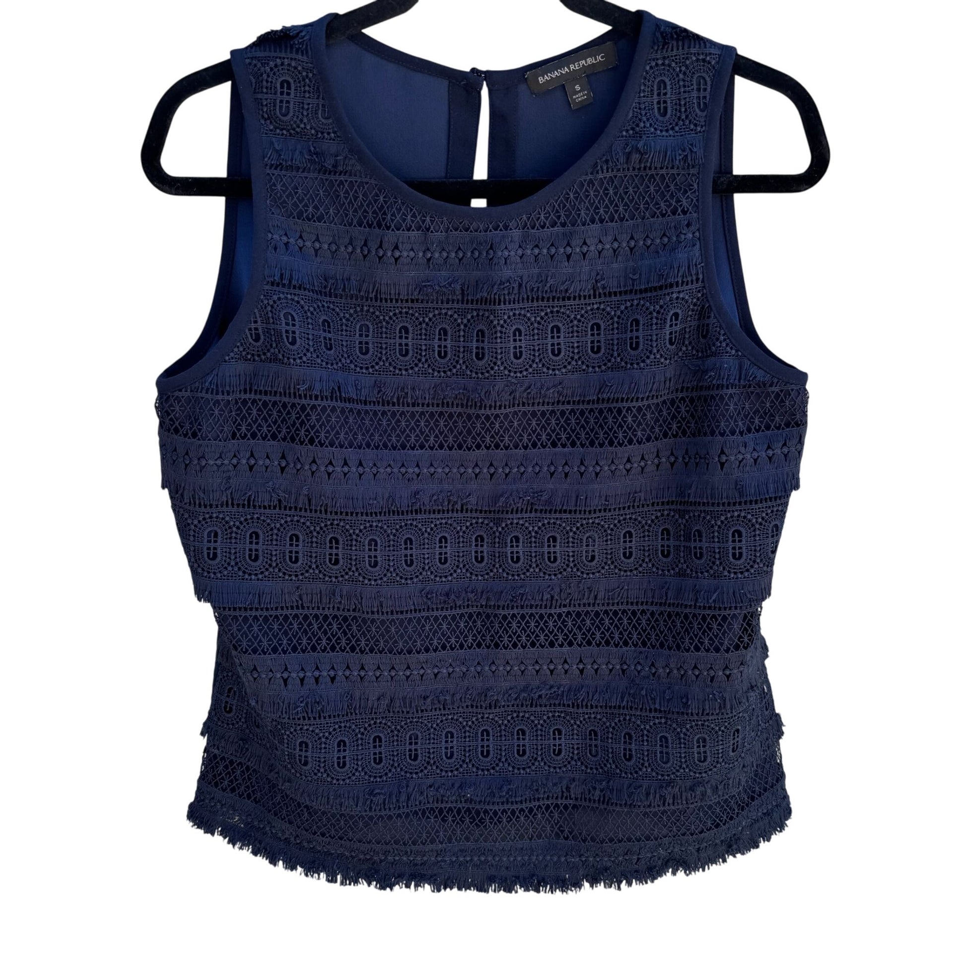 Banana Republic Womens Navy Sleeveless Lace Crochet Fringe Overlay Blouse Top S