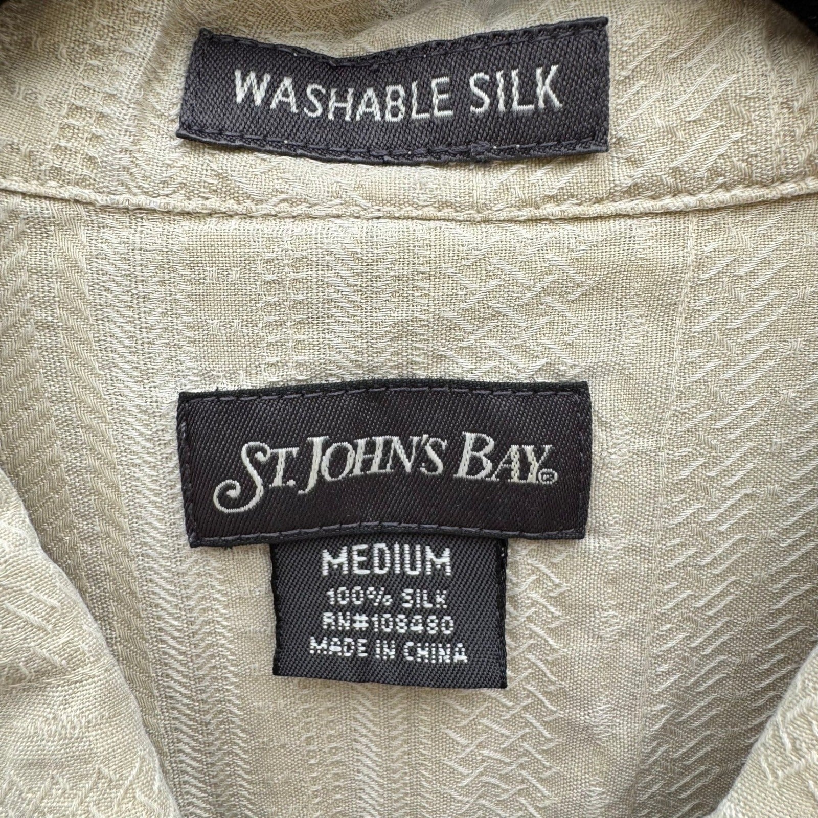 St Johns Bay Mens M Tan Washable Silk Short Sleeve Camp Shirt Stripe Coastal