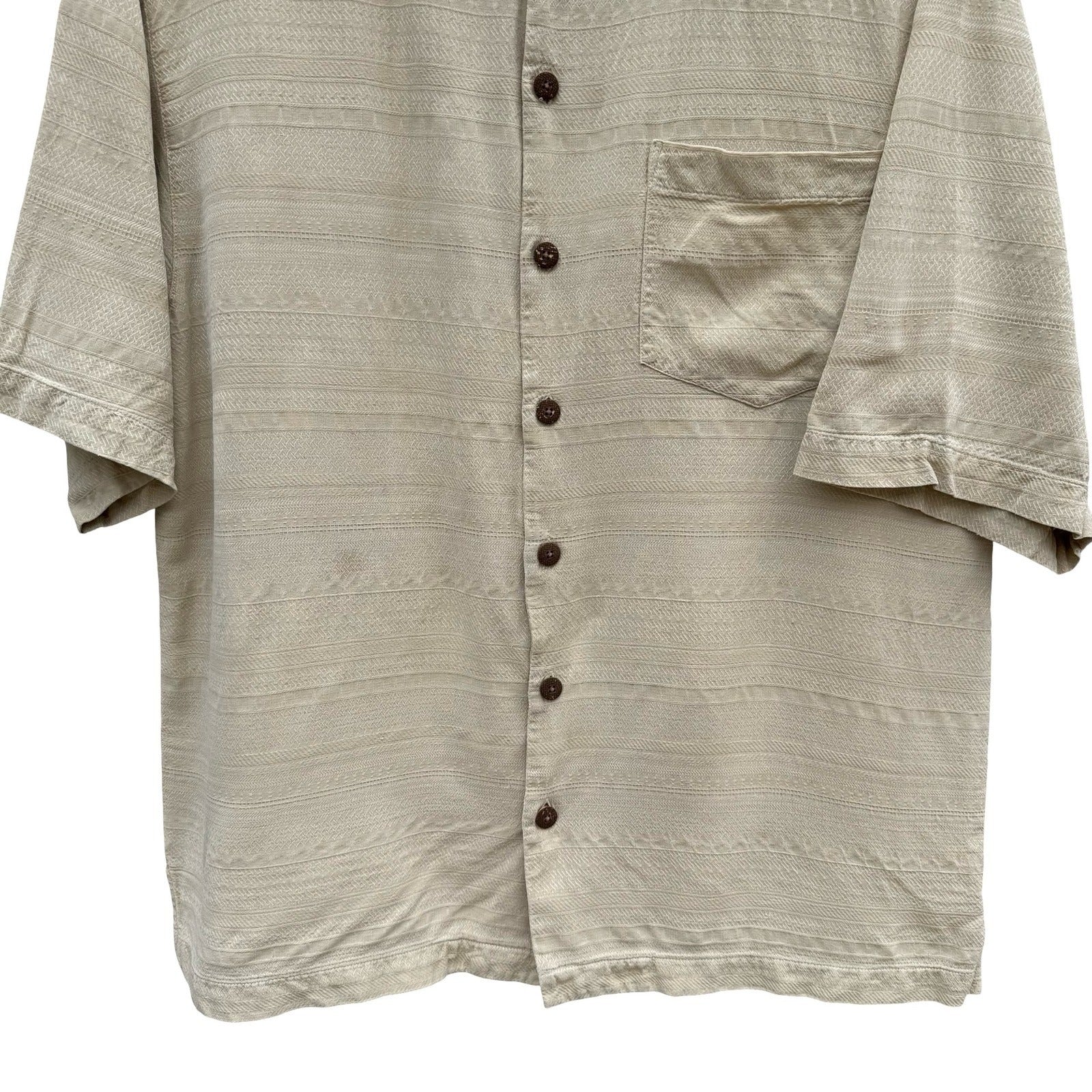 St Johns Bay Mens M Tan Washable Silk Short Sleeve Camp Shirt Stripe Coastal