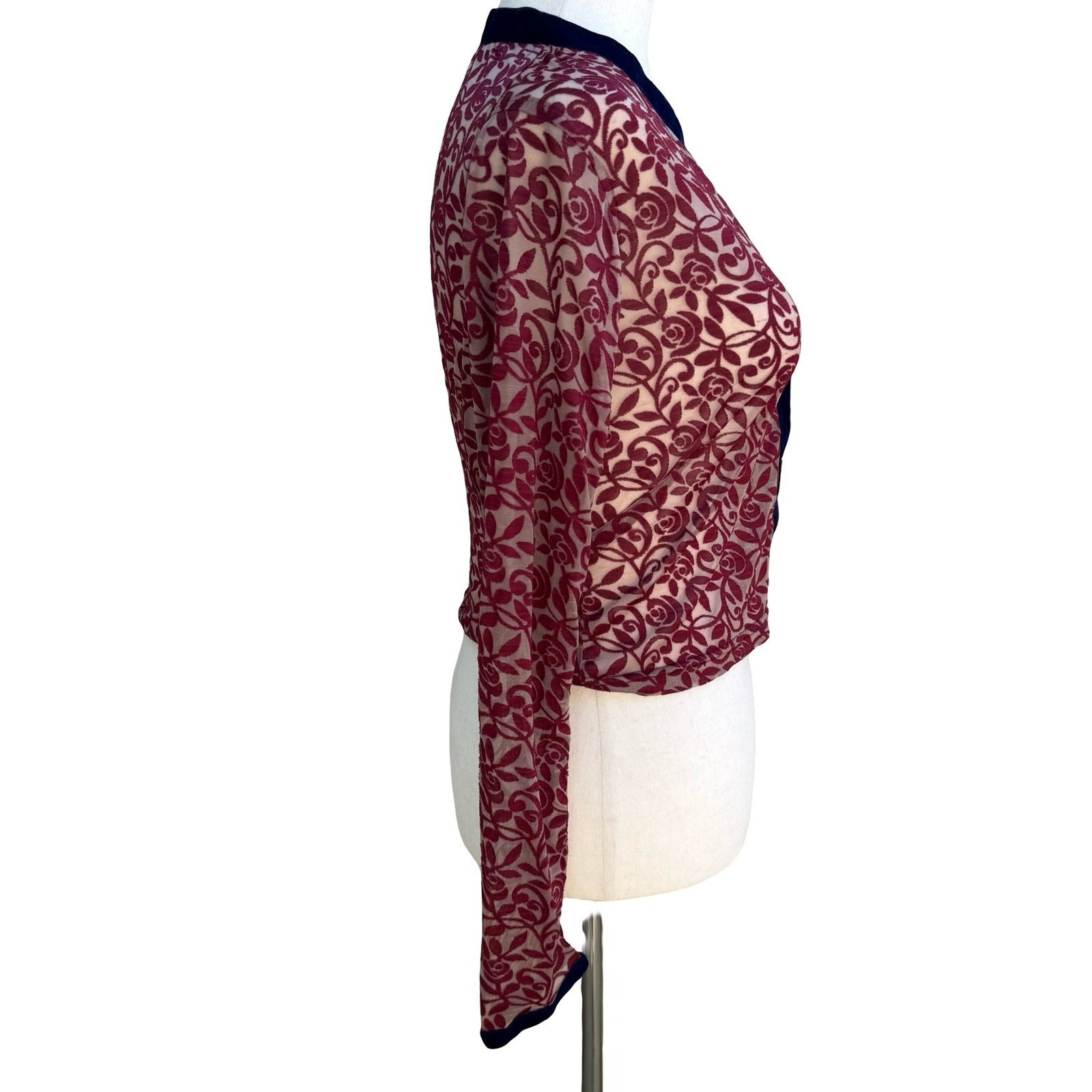 IS Y2K Sheer Devore Rose Cardigan Romantic Goth Burnout Velvet Trim Whimsigoth A