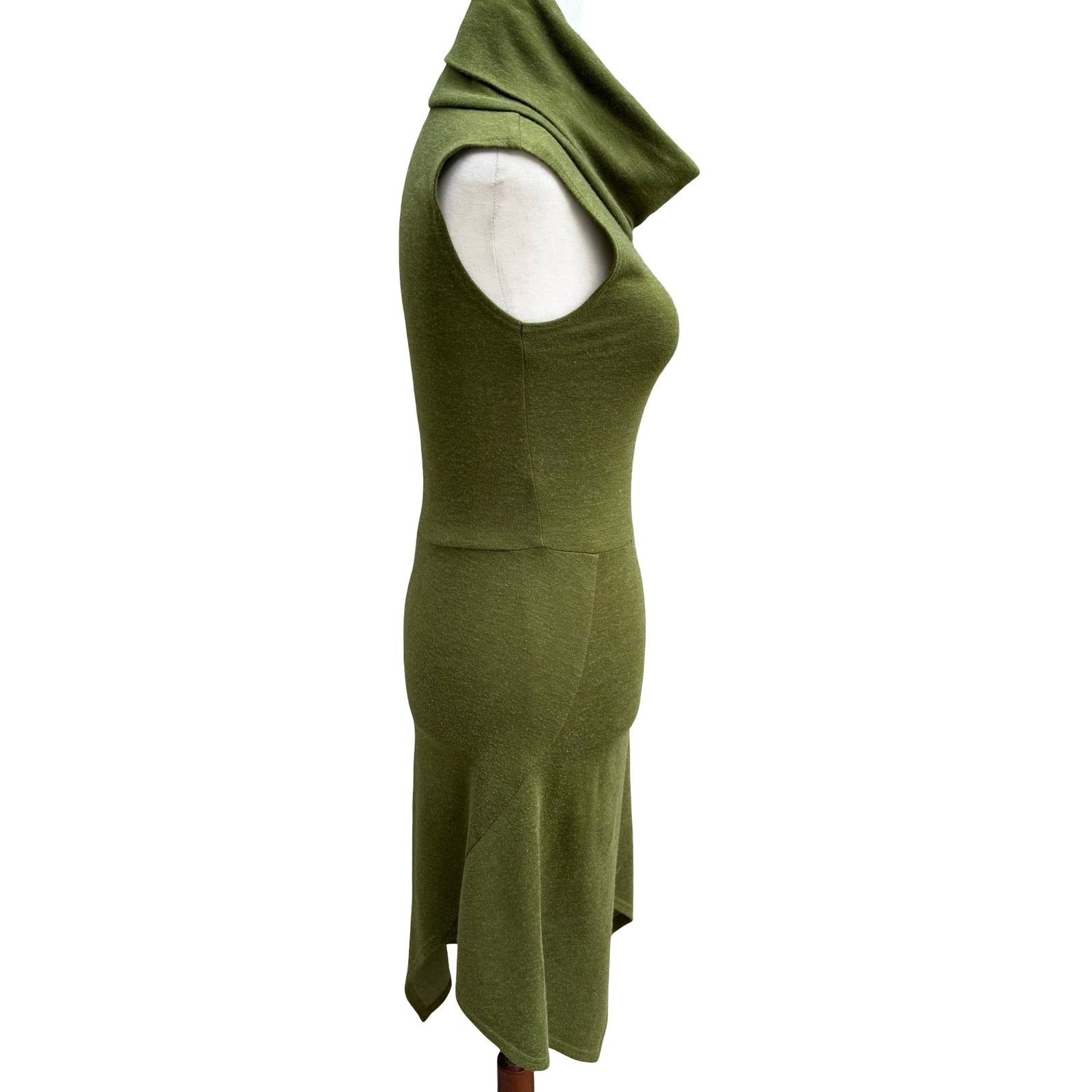 Fidel Y2K Minimalist Layering Cowl Neck Asymmetrical Tulip Hem Knit Dress Olive