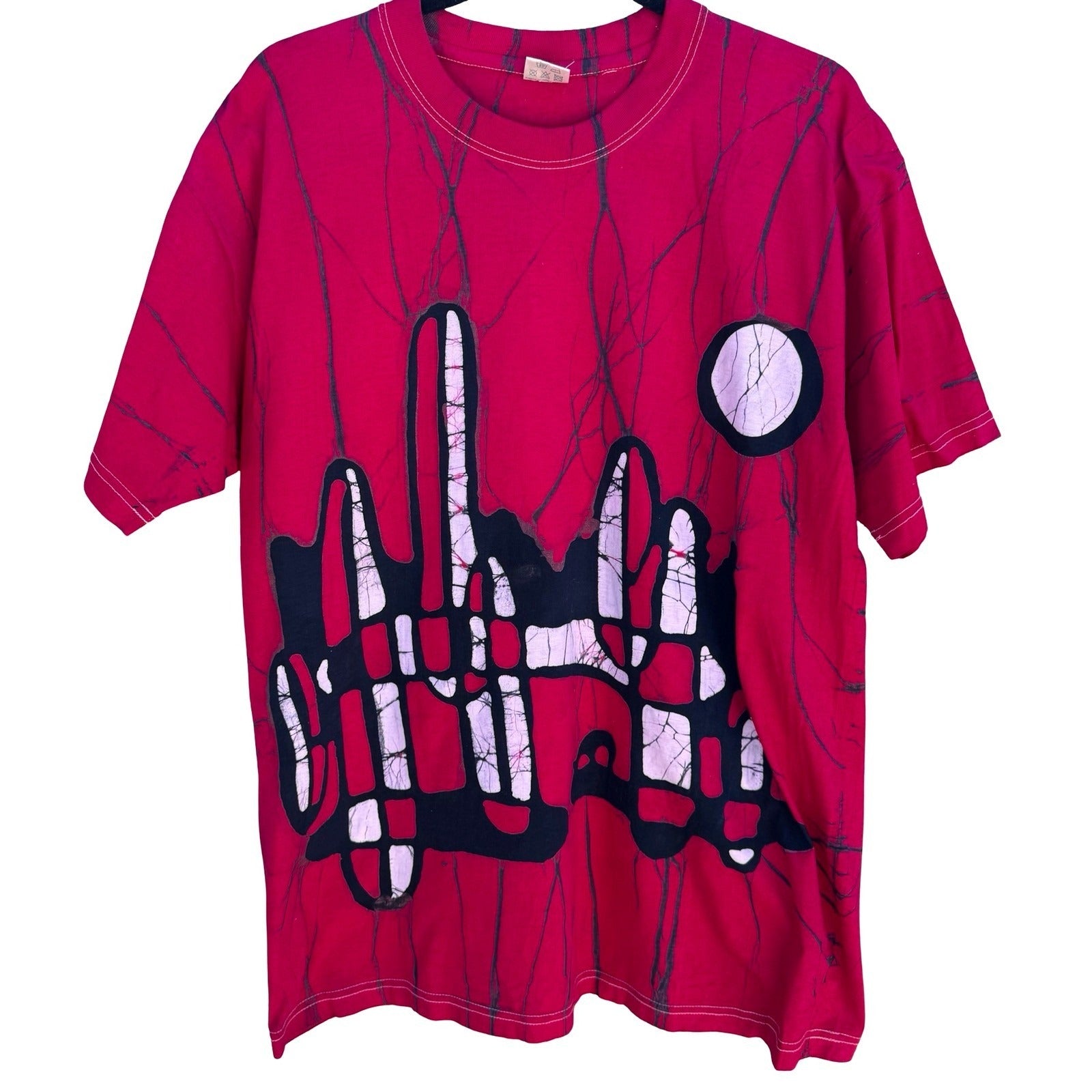 Vintage 90s Abstract Batik Graphic Shirt Red XXL Cotton Tee Art To Wear Eclectic