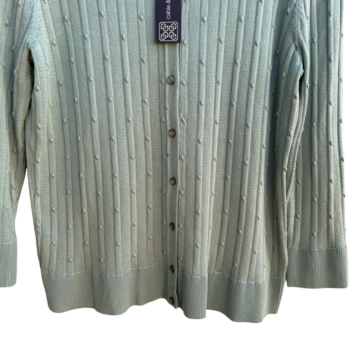 Cable & Gauge Minimalist Pastel Green Pointelle Popcorn Knit Cardigan L NEW