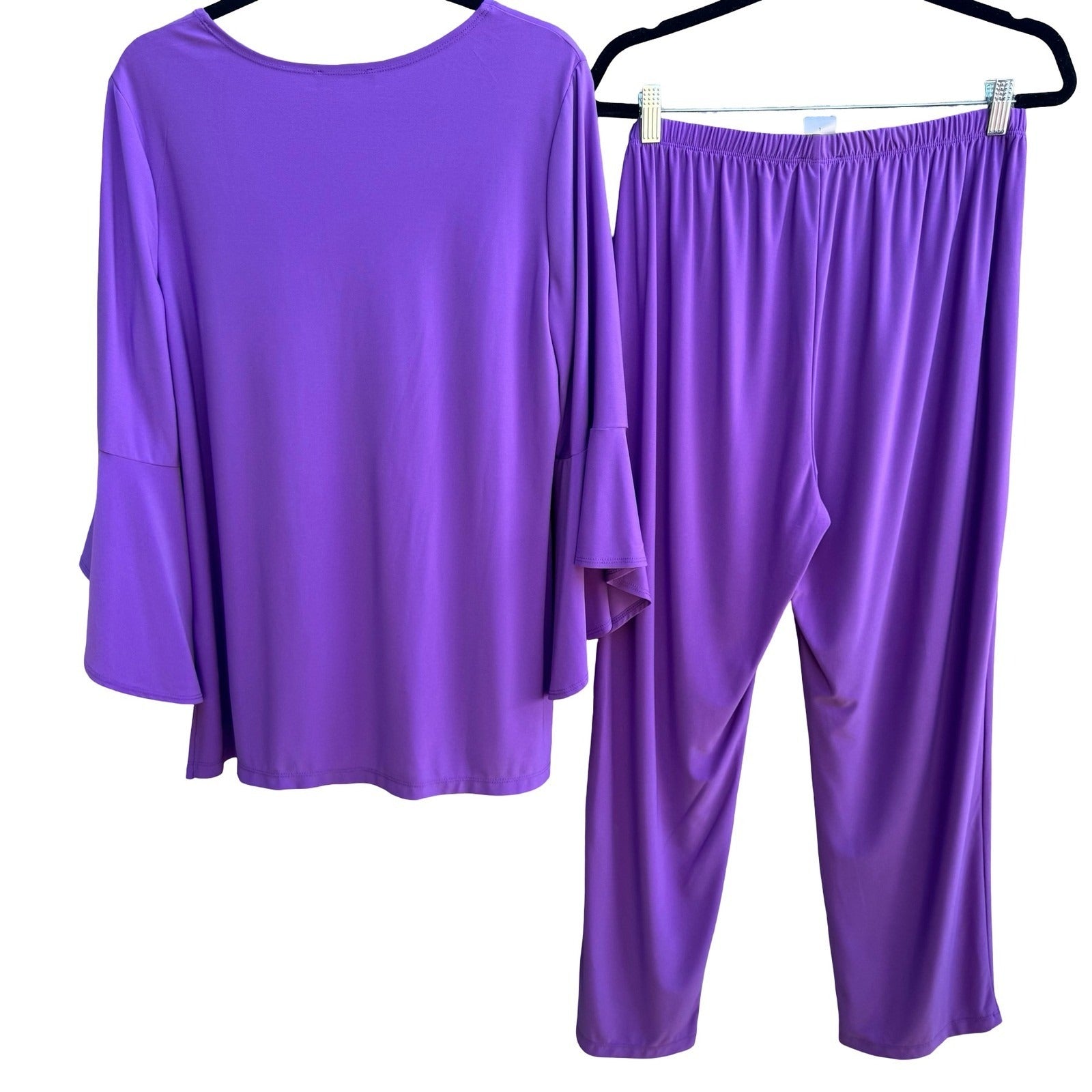 Slinky Brand Minimalist Flowy Bell Sleeve Top Straight Leg Pants Set Purple L