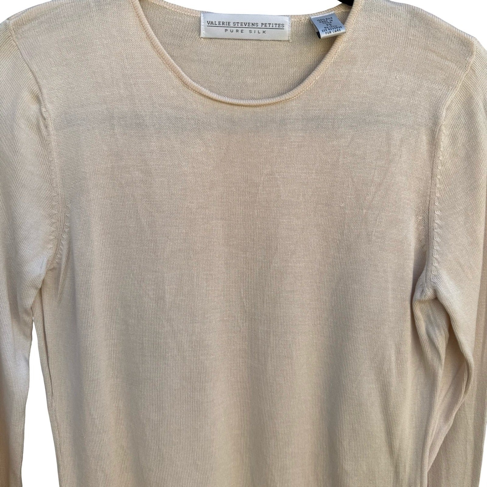 Valerie Stevens Petites Pure Silk Sweater Cream Crew Neck Long Sleeve PS Ivory