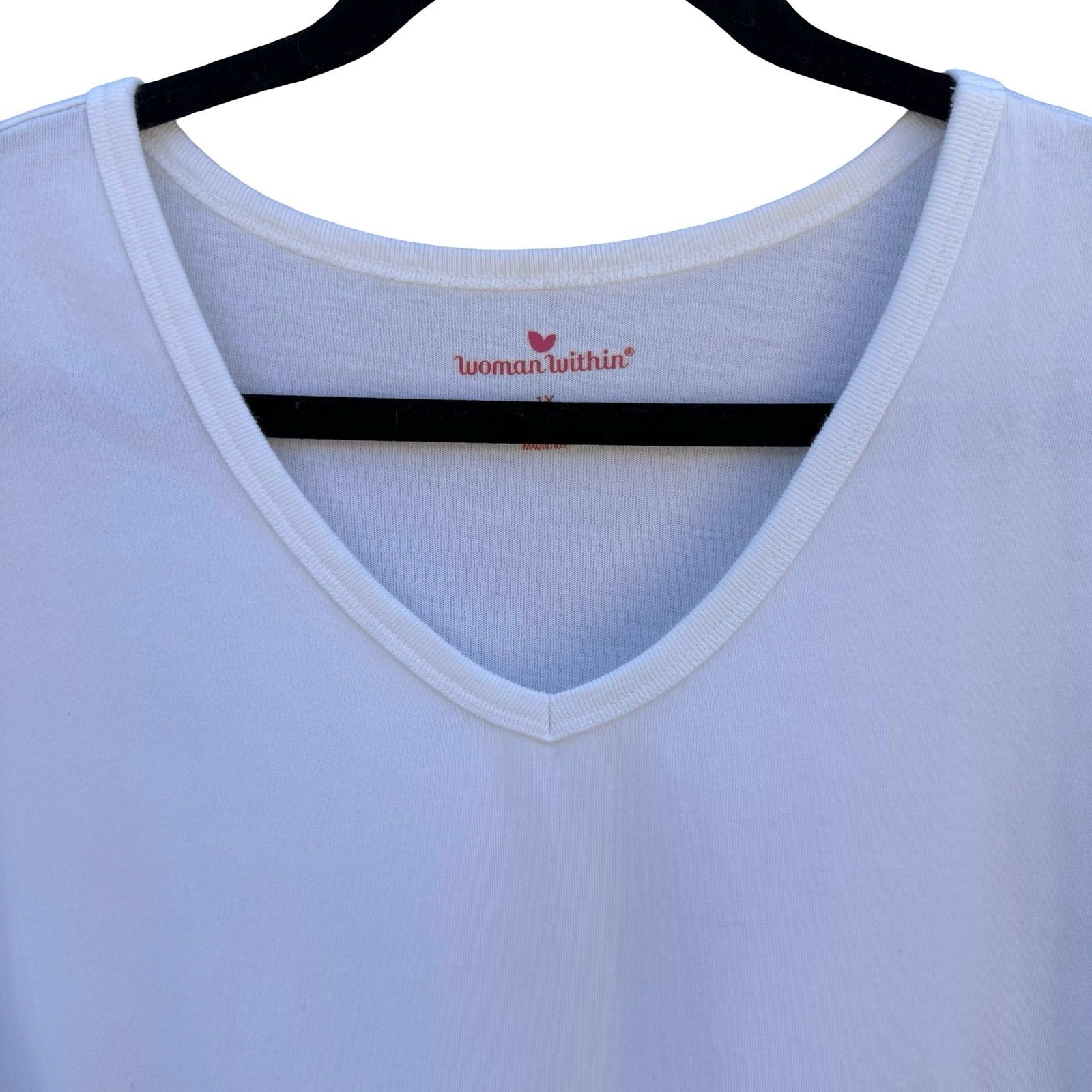 Woman Within White 100% Cotton V-Neck 3/4 Sleeve T-Shirt Plus Size 1X 22/24