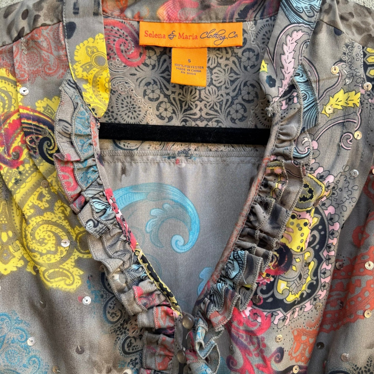 Selena & Maria Y2K Gypsy Sequin Paisley Leopard Ruffle Blouson Festival Top S