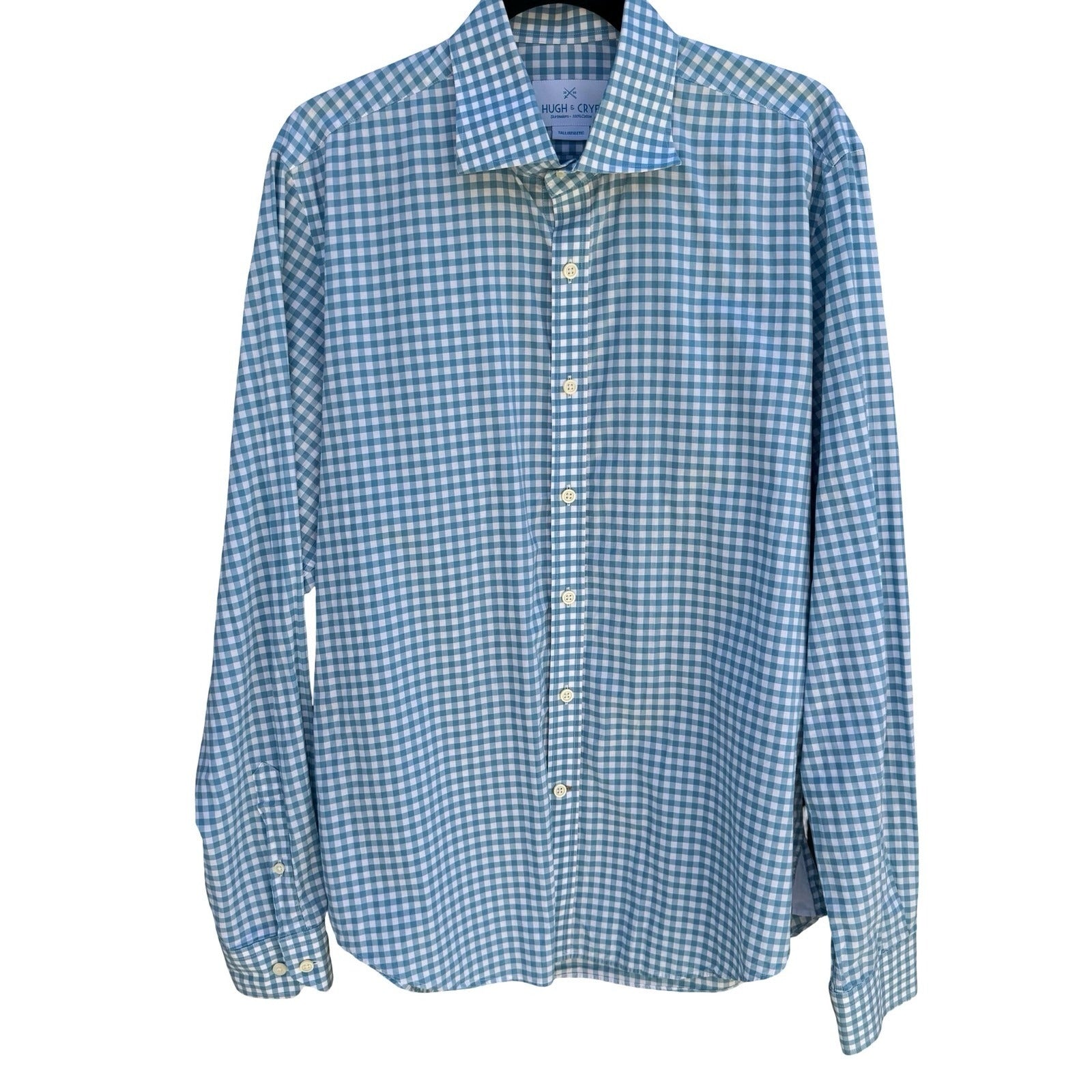 Hugh & Crye Preppy Coastal Gingham Check Shirt Tall Athletic Cotton Blue Mens