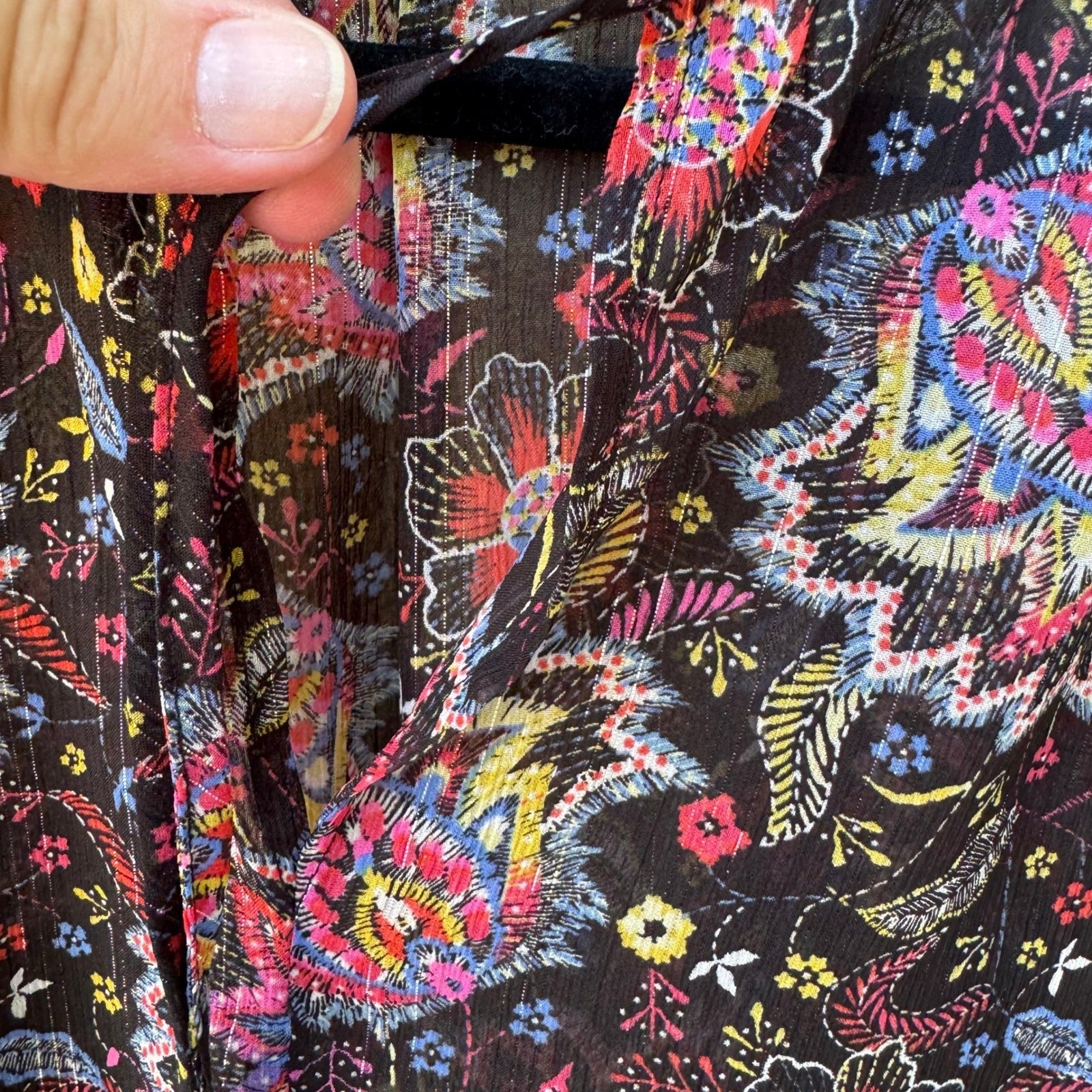 GAP Boho Festival Whimsigoth Paisley Floral Metallic Peasant Blouse Black S