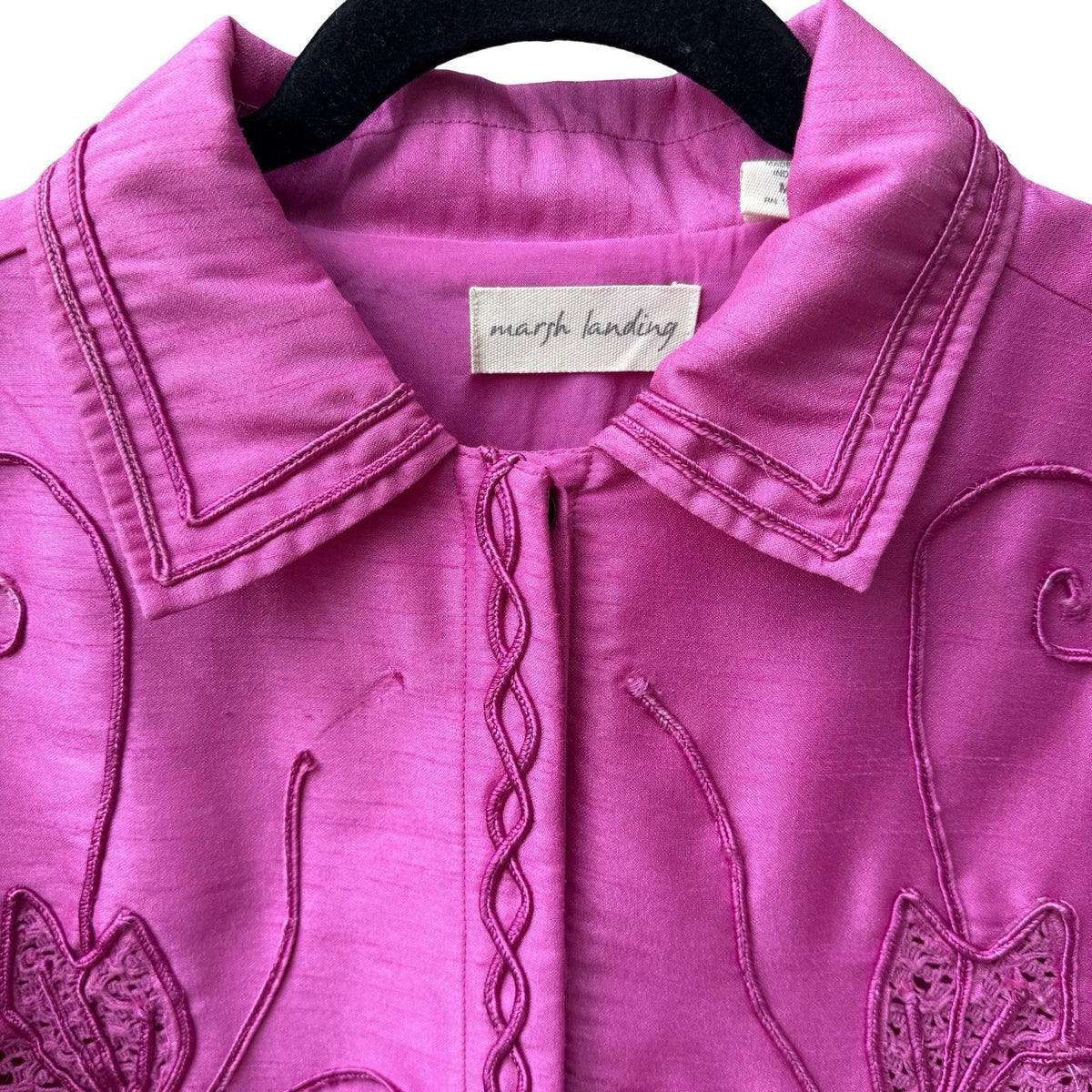 Marsh Landing Barbiecore Coastal Boho Embroidered Floral Crochet Jacket Pink M